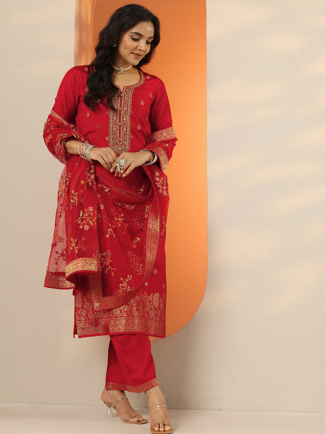  Libas Art Red Woven Design Silk Blend Straight Suit Set With Dupatta 