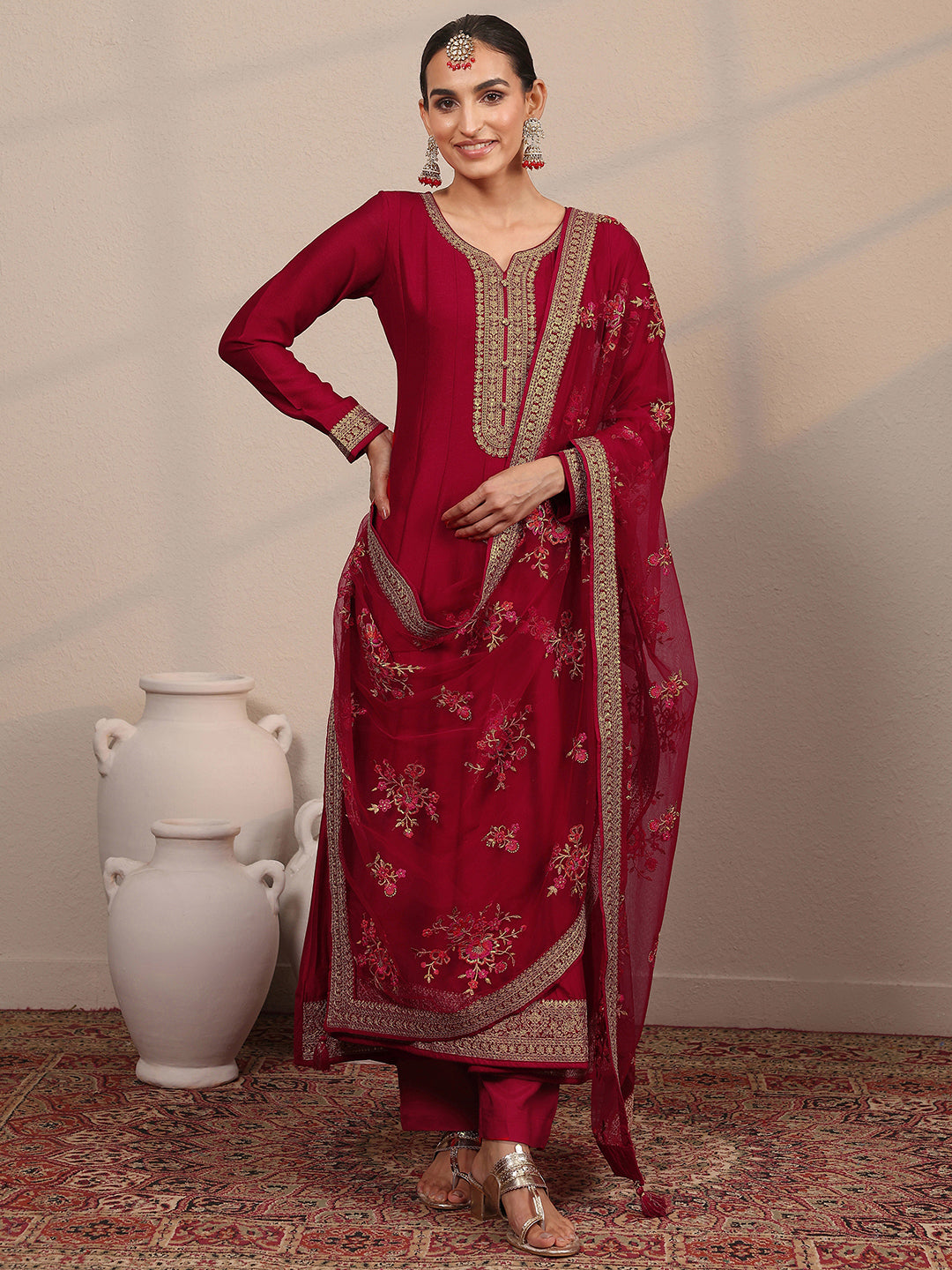  Libas Art Red Yoke Design Silk Blend Anarkali Suit Set With Dupatta 