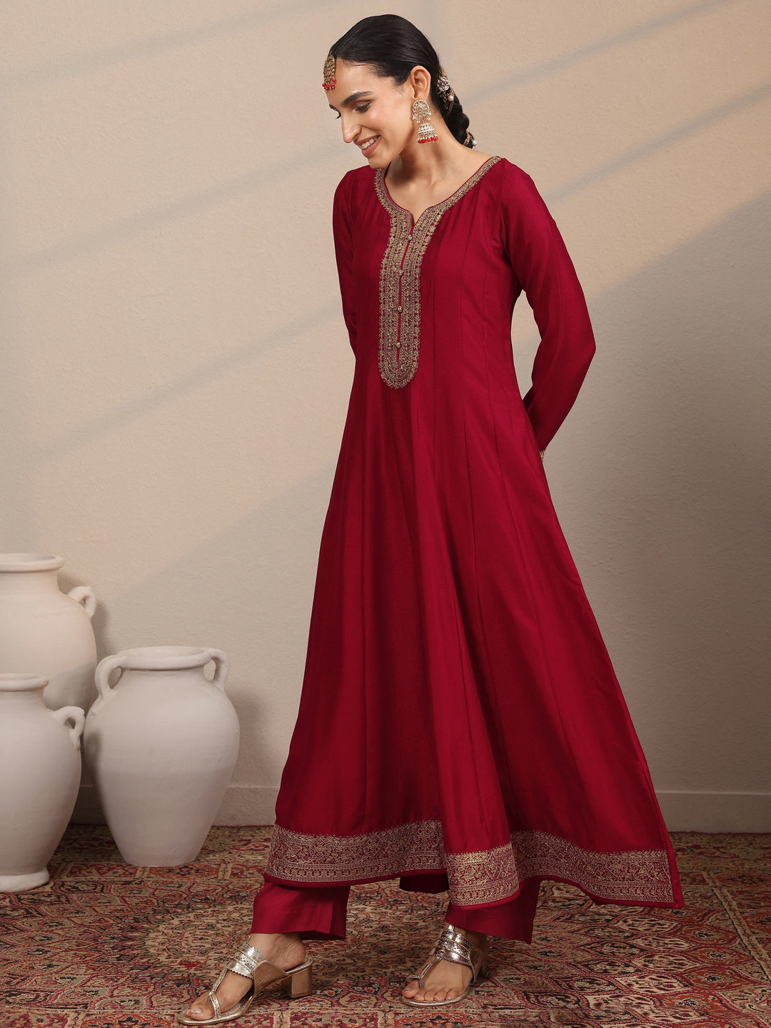  Libas Art Red Yoke Design Silk Blend Anarkali Suit Set With Dupatta 