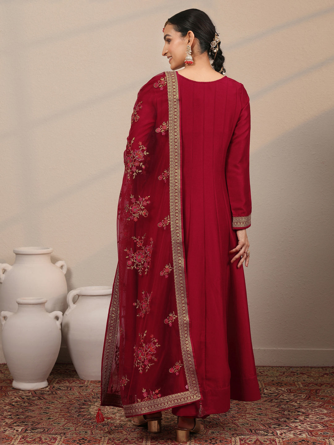  Libas Art Red Yoke Design Silk Blend Anarkali Suit Set With Dupatta 