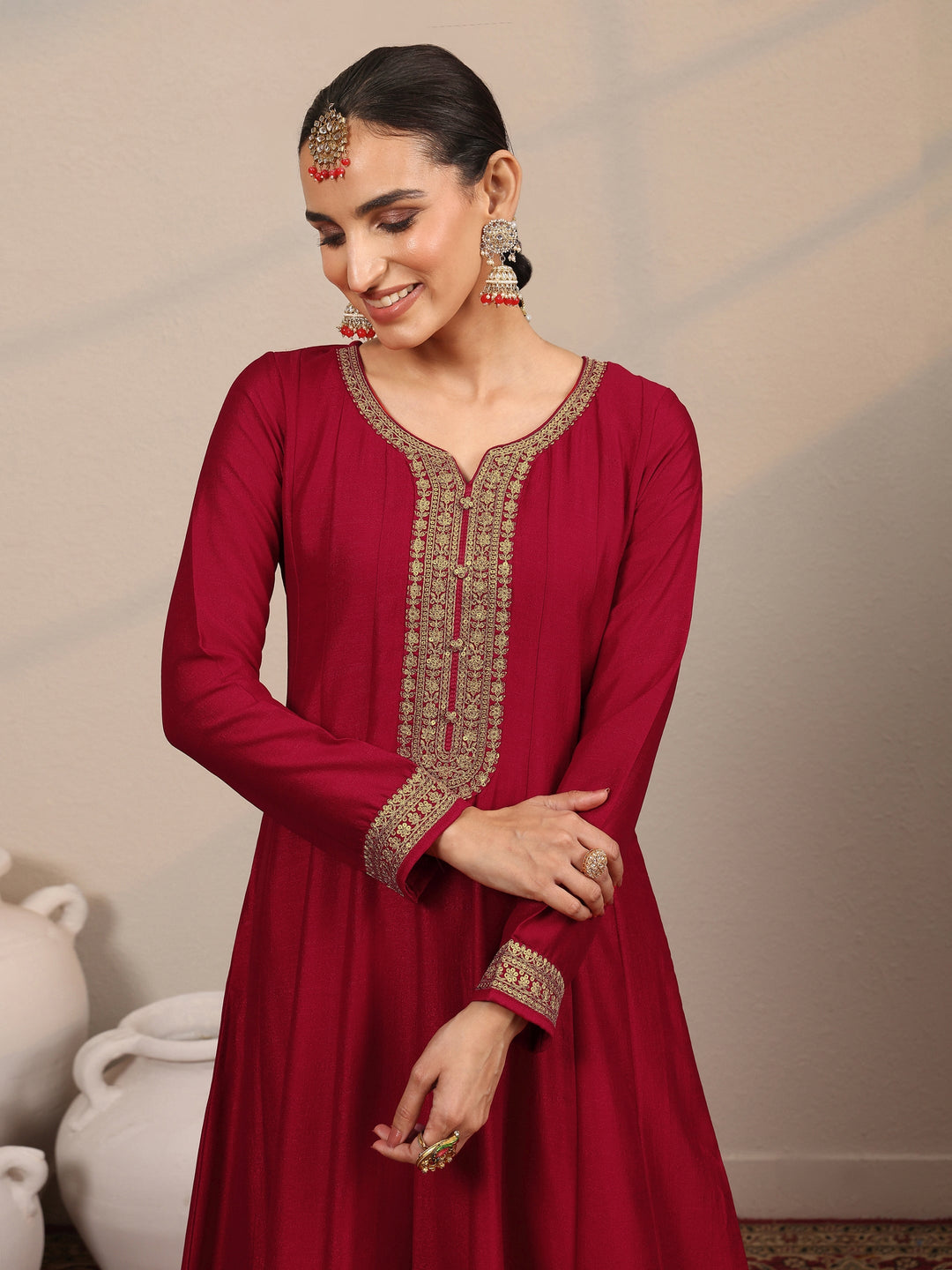  Libas Art Red Yoke Design Silk Blend Anarkali Suit Set With Dupatta 