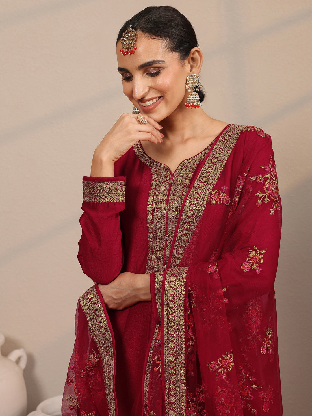  Libas Art Red Yoke Design Silk Blend Anarkali Suit Set With Dupatta 