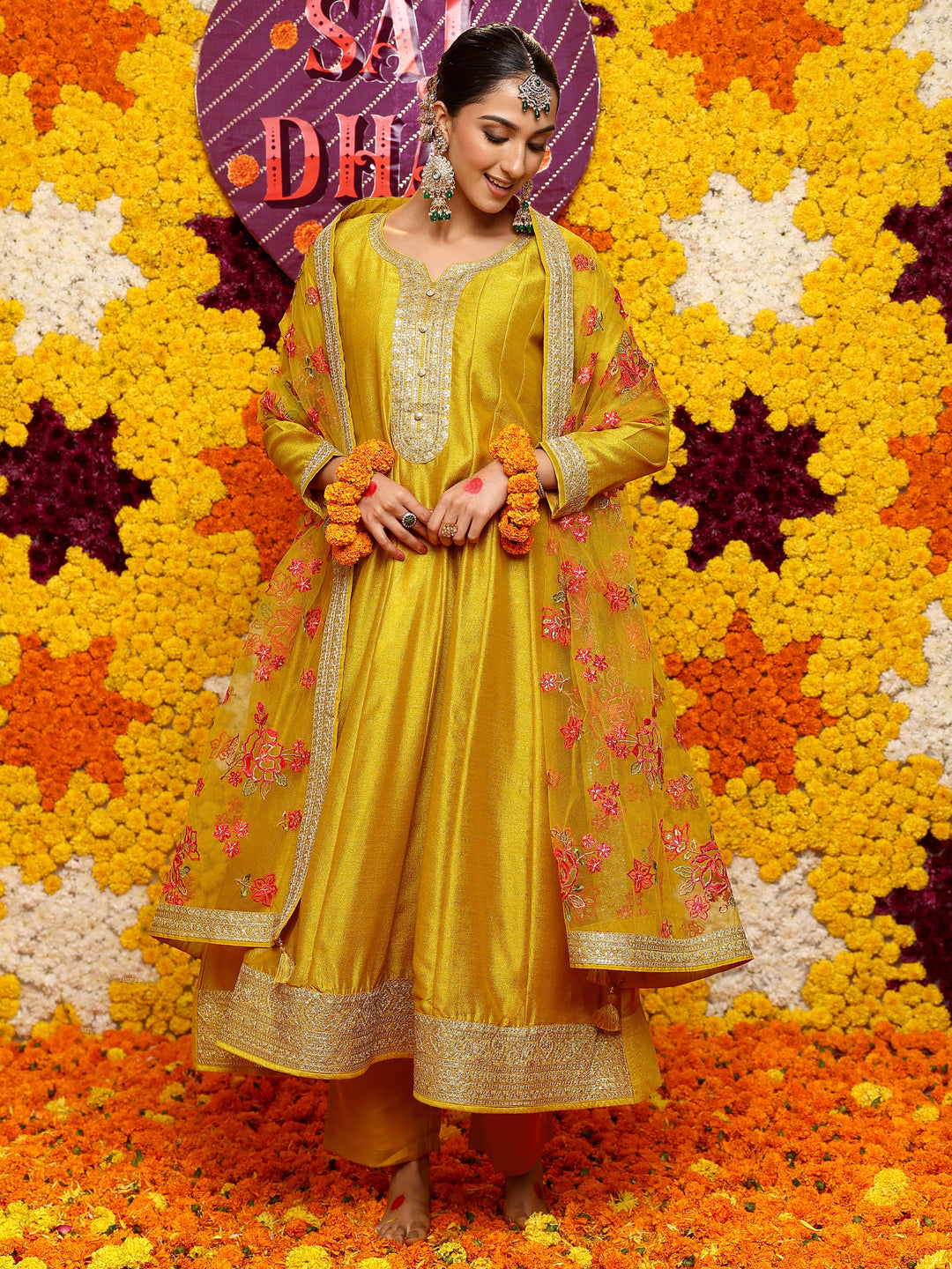  Libas Art Mustard Embroidered Silk Blend Anarkali Suit Set With Dupatta 
