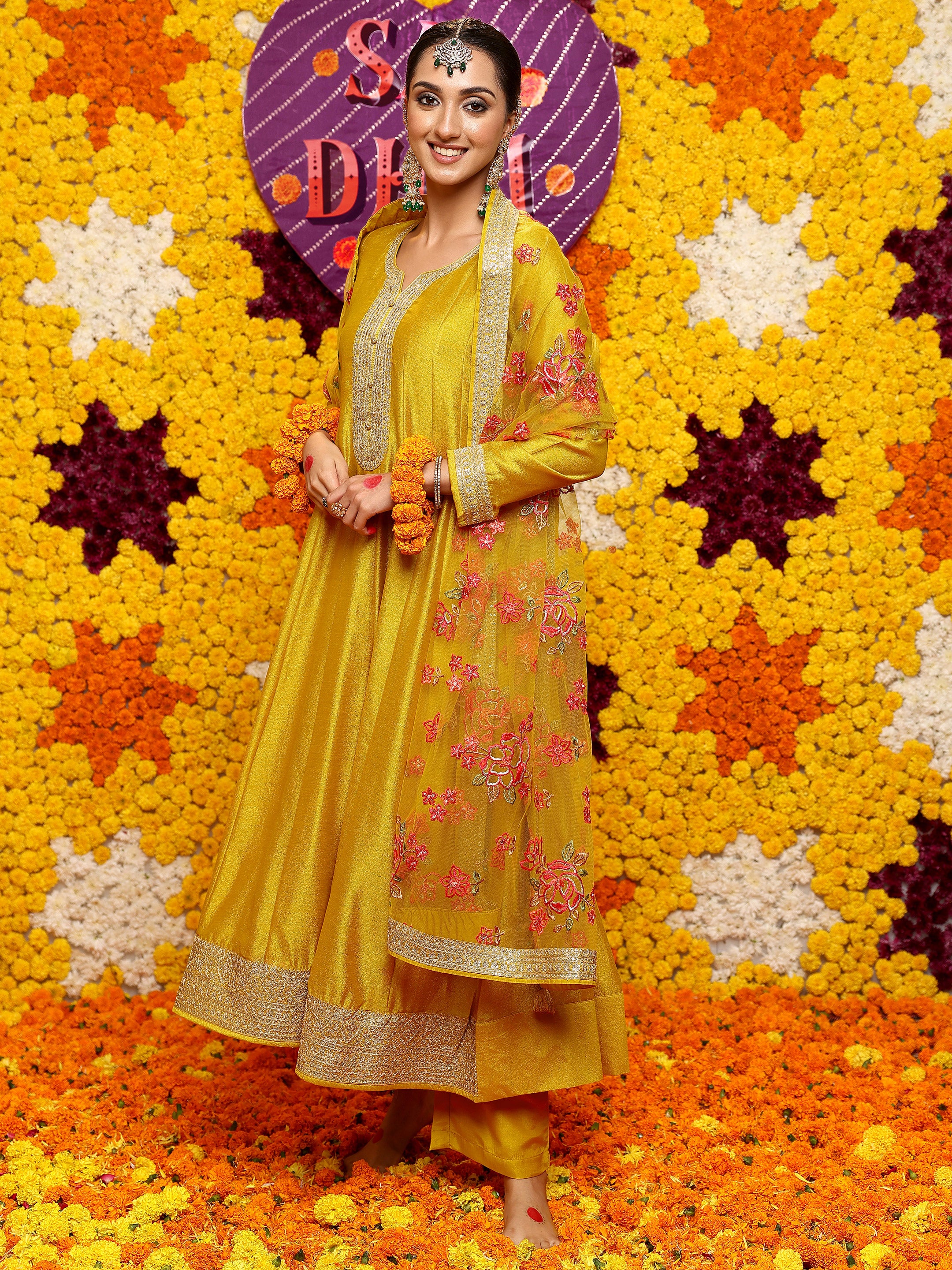 Libas Art Mustard Embroidered Silk Blend Anarkali Suit Set With Dupatta-picture-38