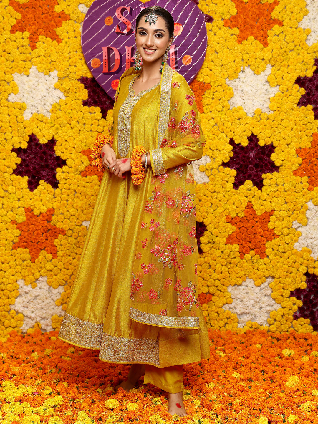 Libas Art Mustard Embroidered Silk Blend Anarkali Suit Set With Dupatta