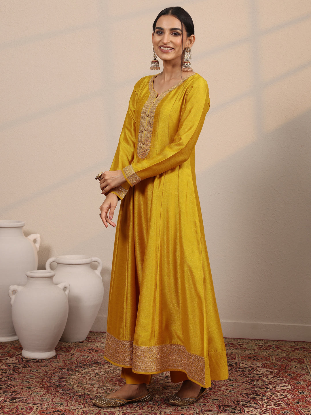  Libas Art Mustard Embroidered Silk Blend Anarkali Suit Set With Dupatta 