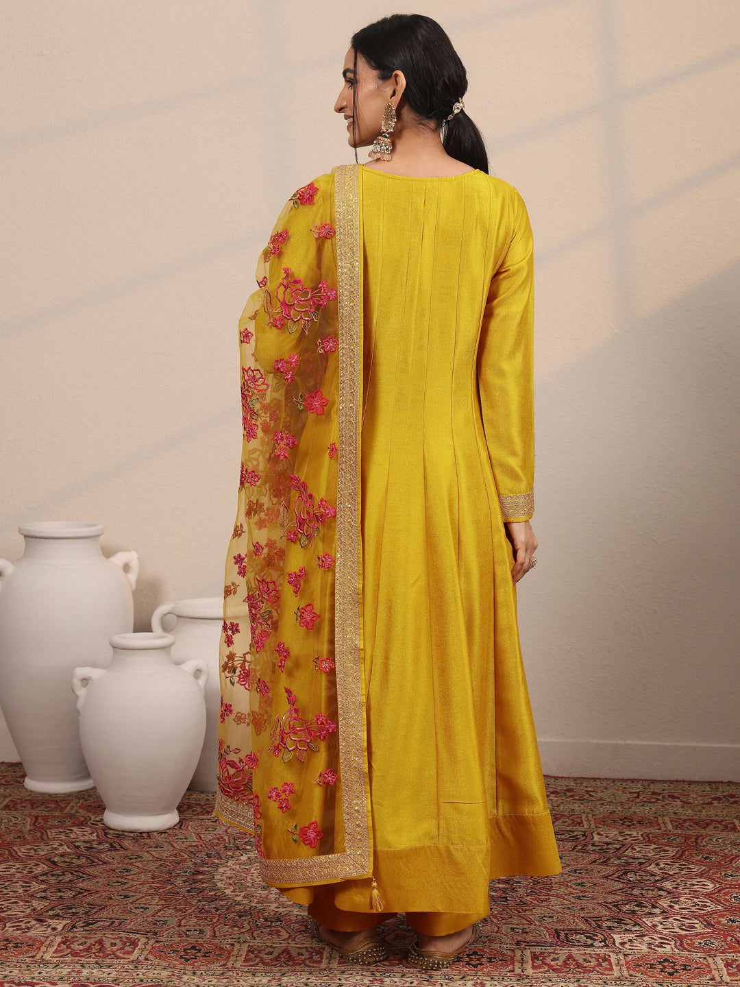  Libas Art Mustard Embroidered Silk Blend Anarkali Suit Set With Dupatta 