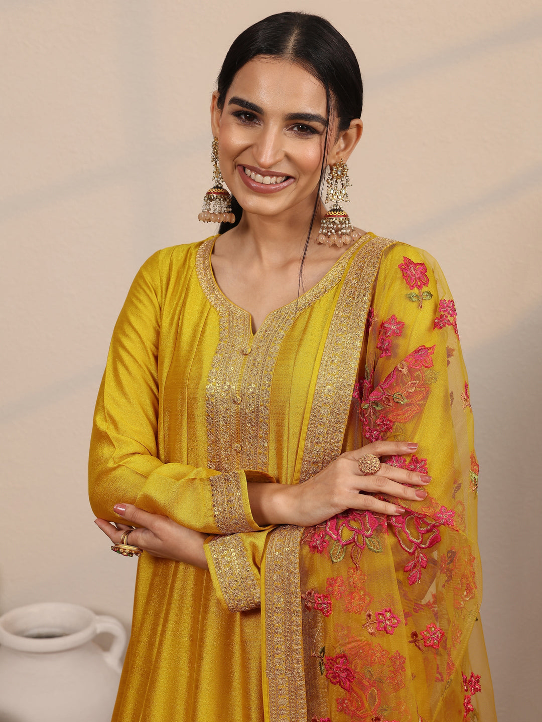  Libas Art Mustard Embroidered Silk Blend Anarkali Suit Set With Dupatta 