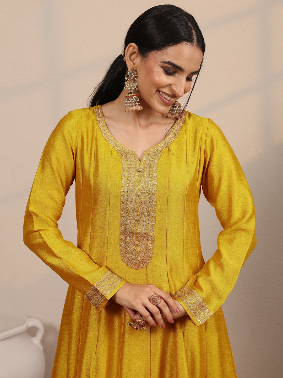  Libas Art Mustard Embroidered Silk Blend Anarkali Suit Set With Dupatta 