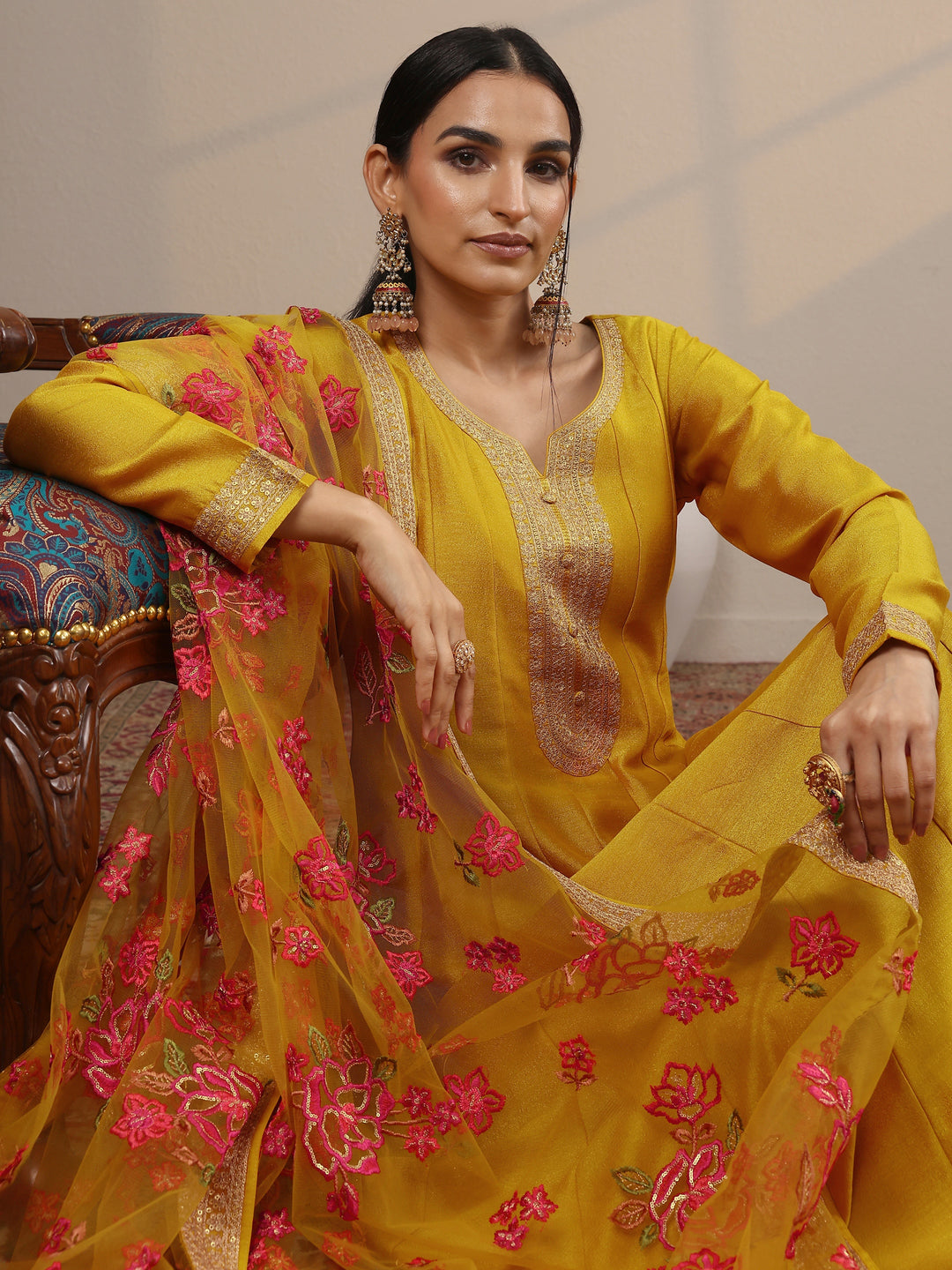  Libas Art Mustard Embroidered Silk Blend Anarkali Suit Set With Dupatta 