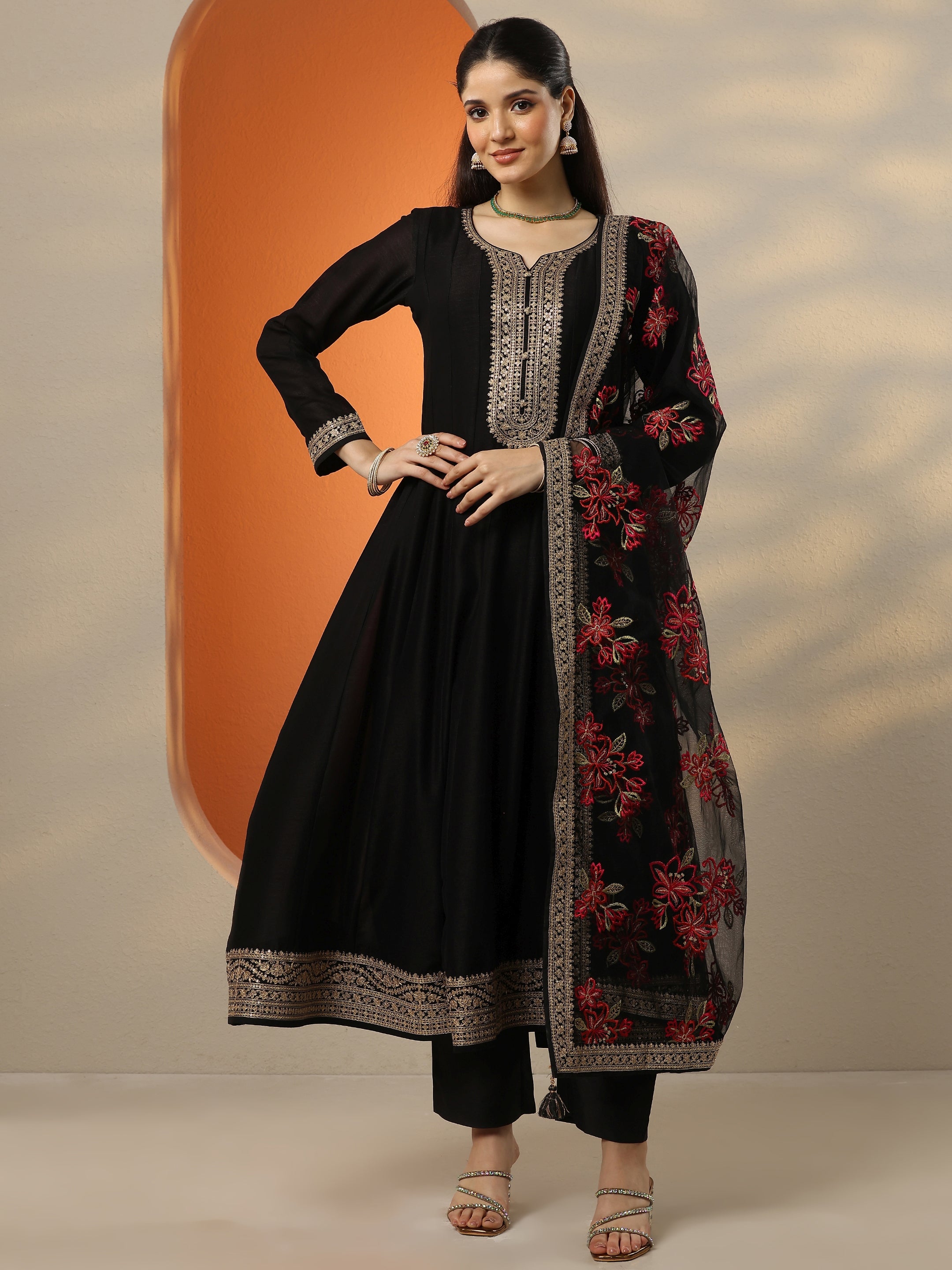 Libas Art Black Embroidered Silk Blend Anarkali Suit Set With Dupatta-image-47