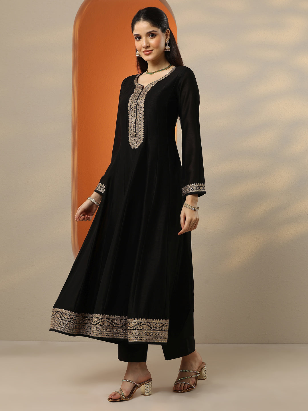  Libas Art Black Embroidered Silk Blend Anarkali Suit Set With Dupatta 