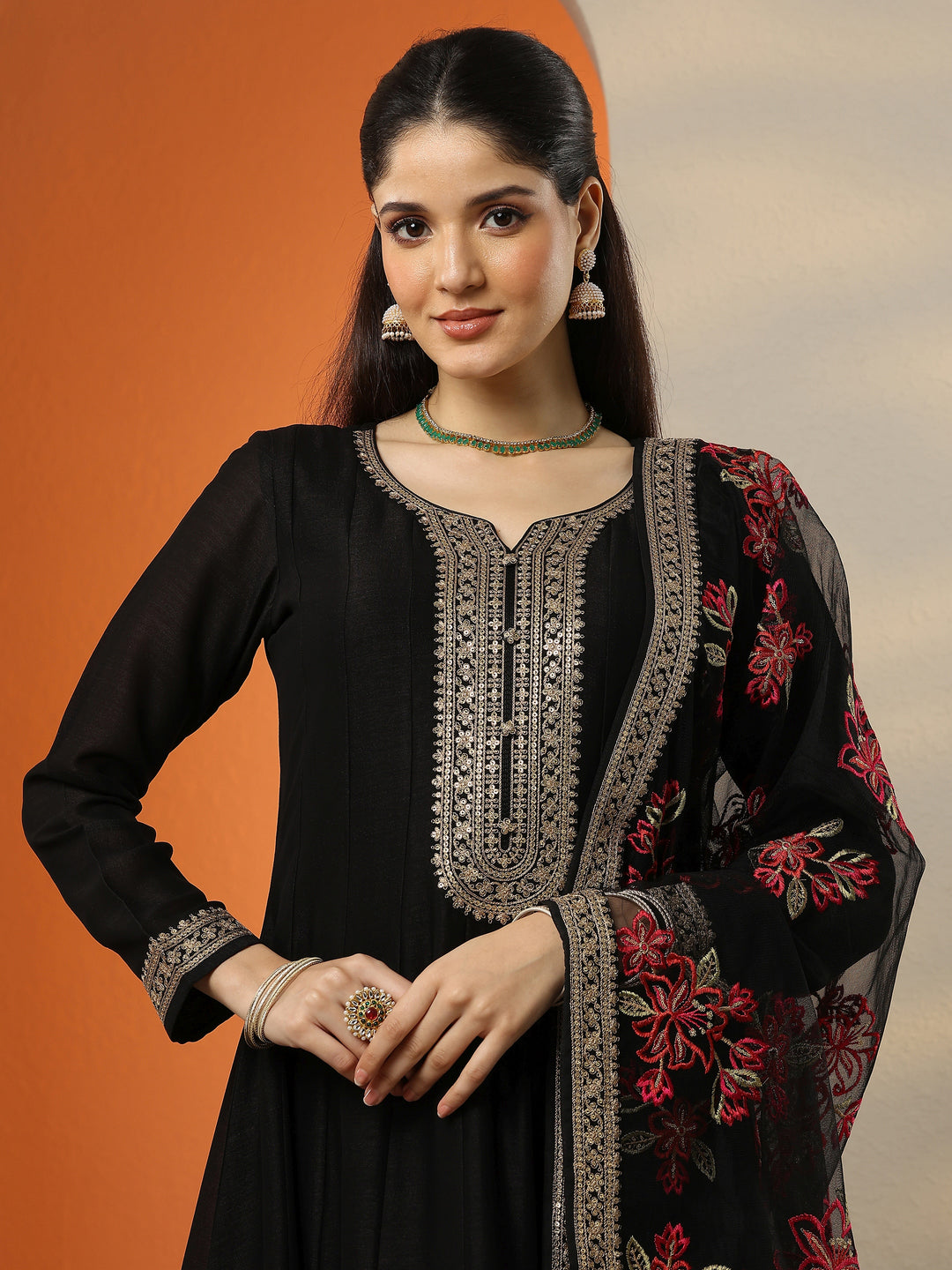  Libas Art Black Embroidered Silk Blend Anarkali Suit Set With Dupatta 