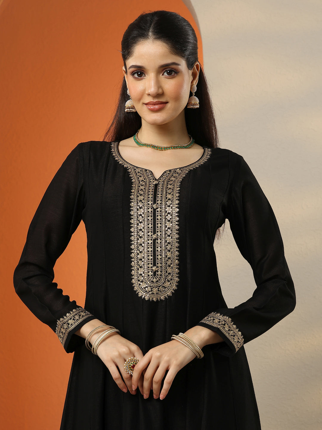  Libas Art Black Embroidered Silk Blend Anarkali Suit Set With Dupatta 