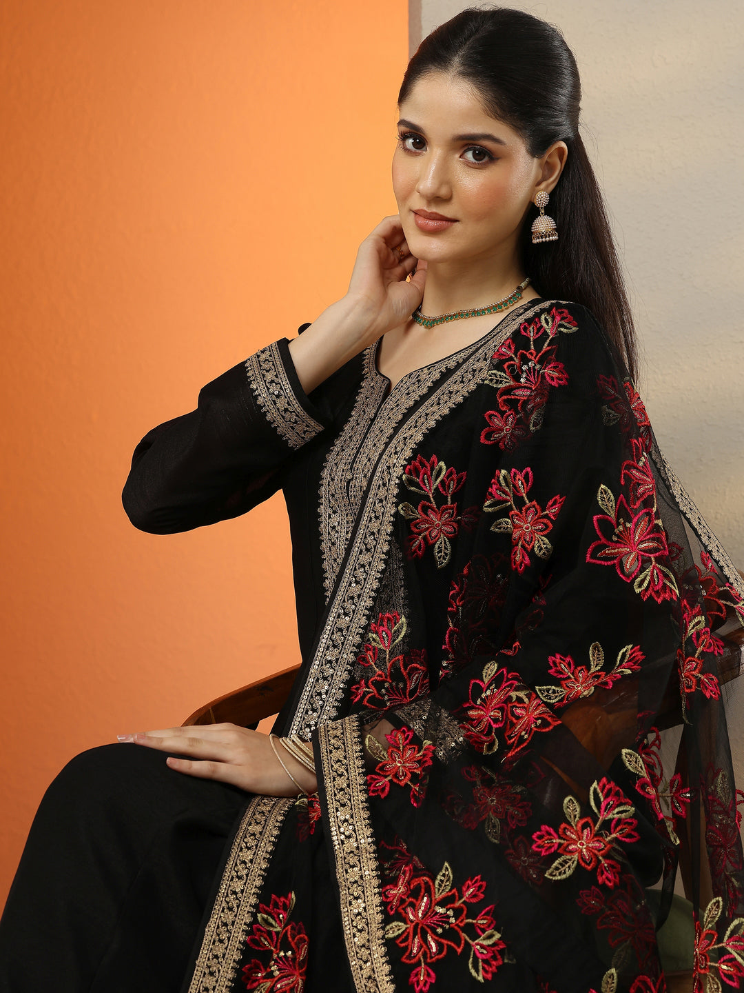  Libas Art Black Embroidered Silk Blend Anarkali Suit Set With Dupatta 