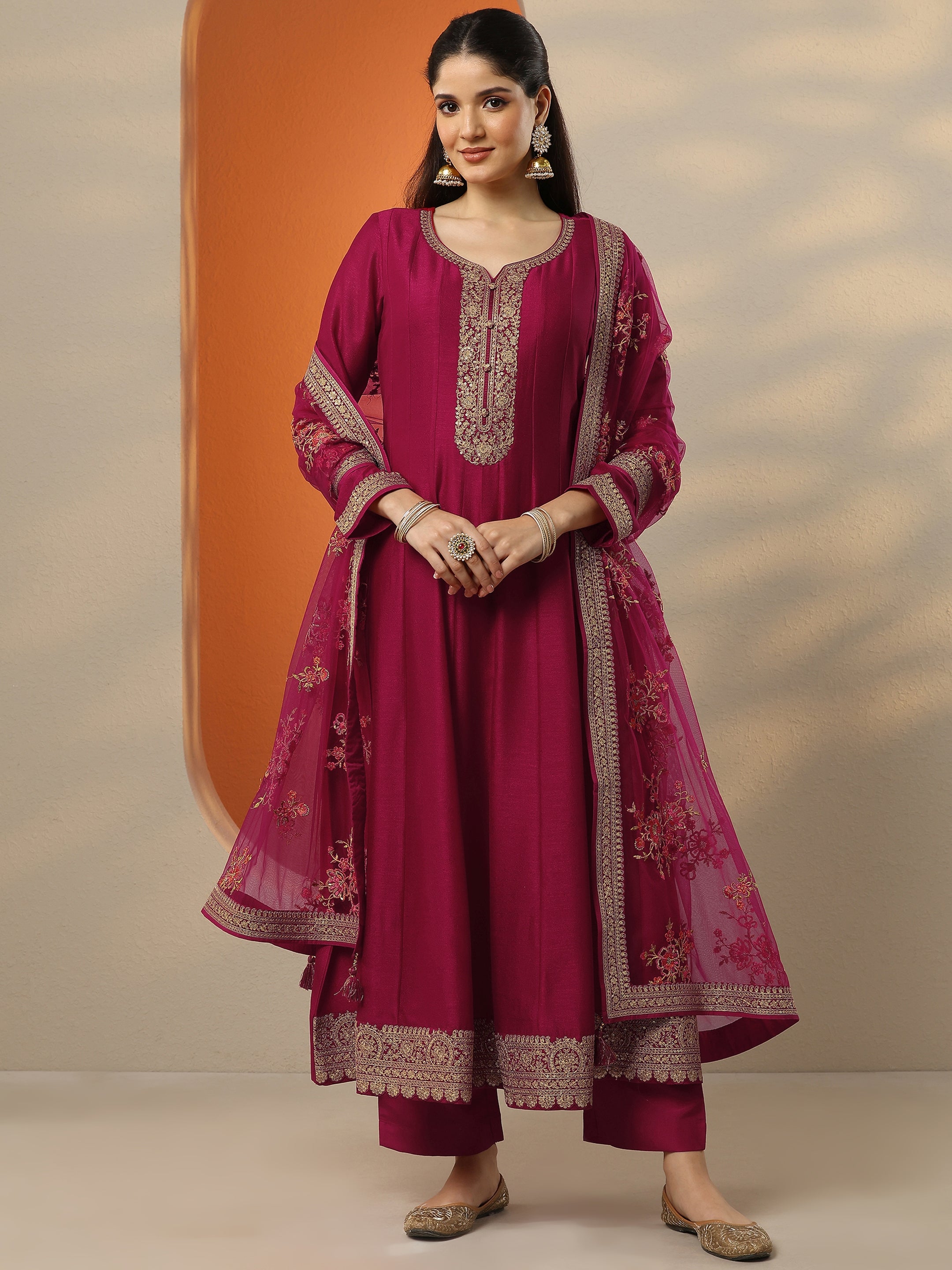 Libas Art Pink Embroidered Silk Blend Anarkali Suit Set With Dupatta-picture-27