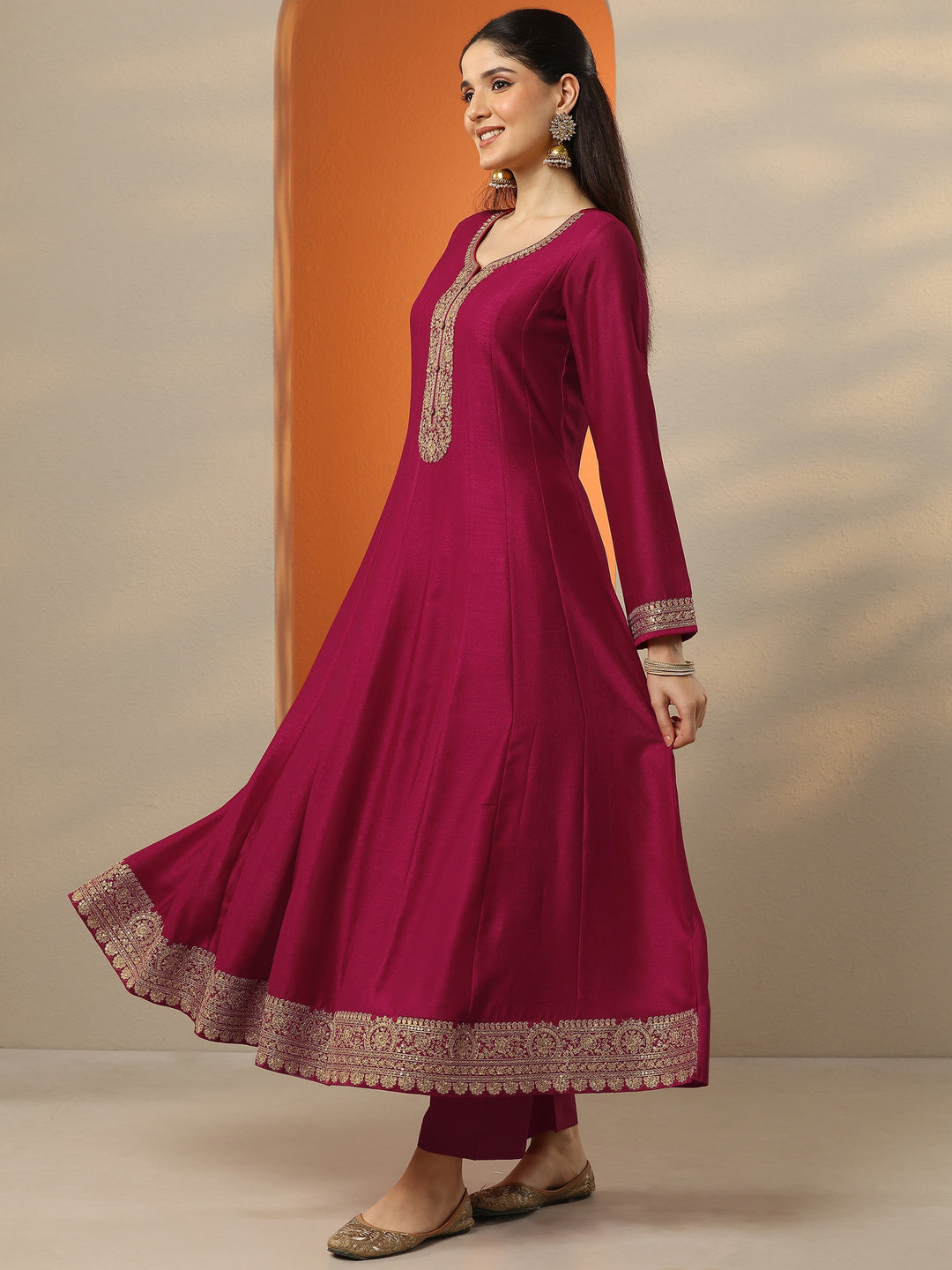  Libas Art Pink Embroidered Silk Blend Anarkali Suit Set With Dupatta 