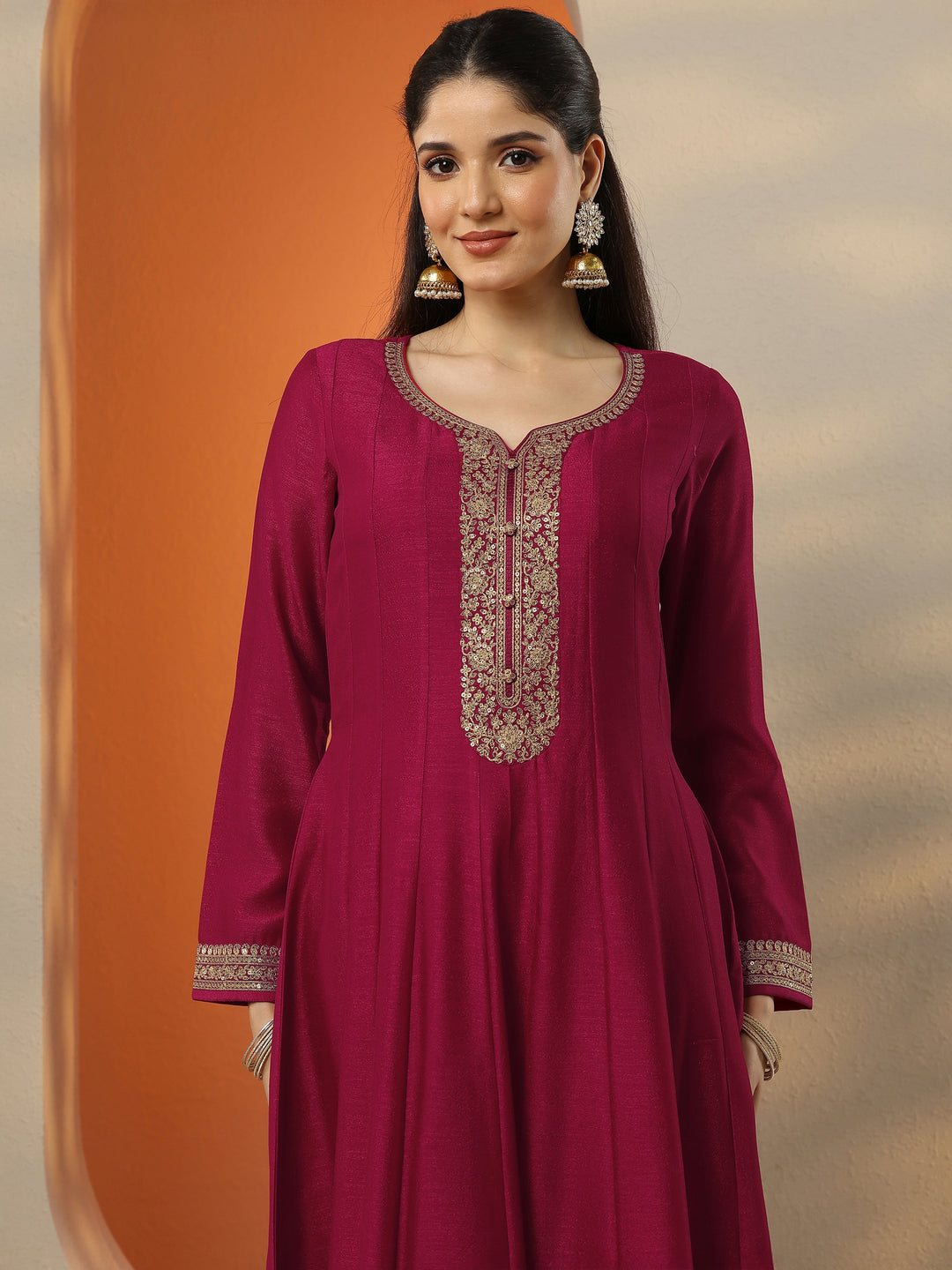  Libas Art Pink Embroidered Silk Blend Anarkali Suit Set With Dupatta 