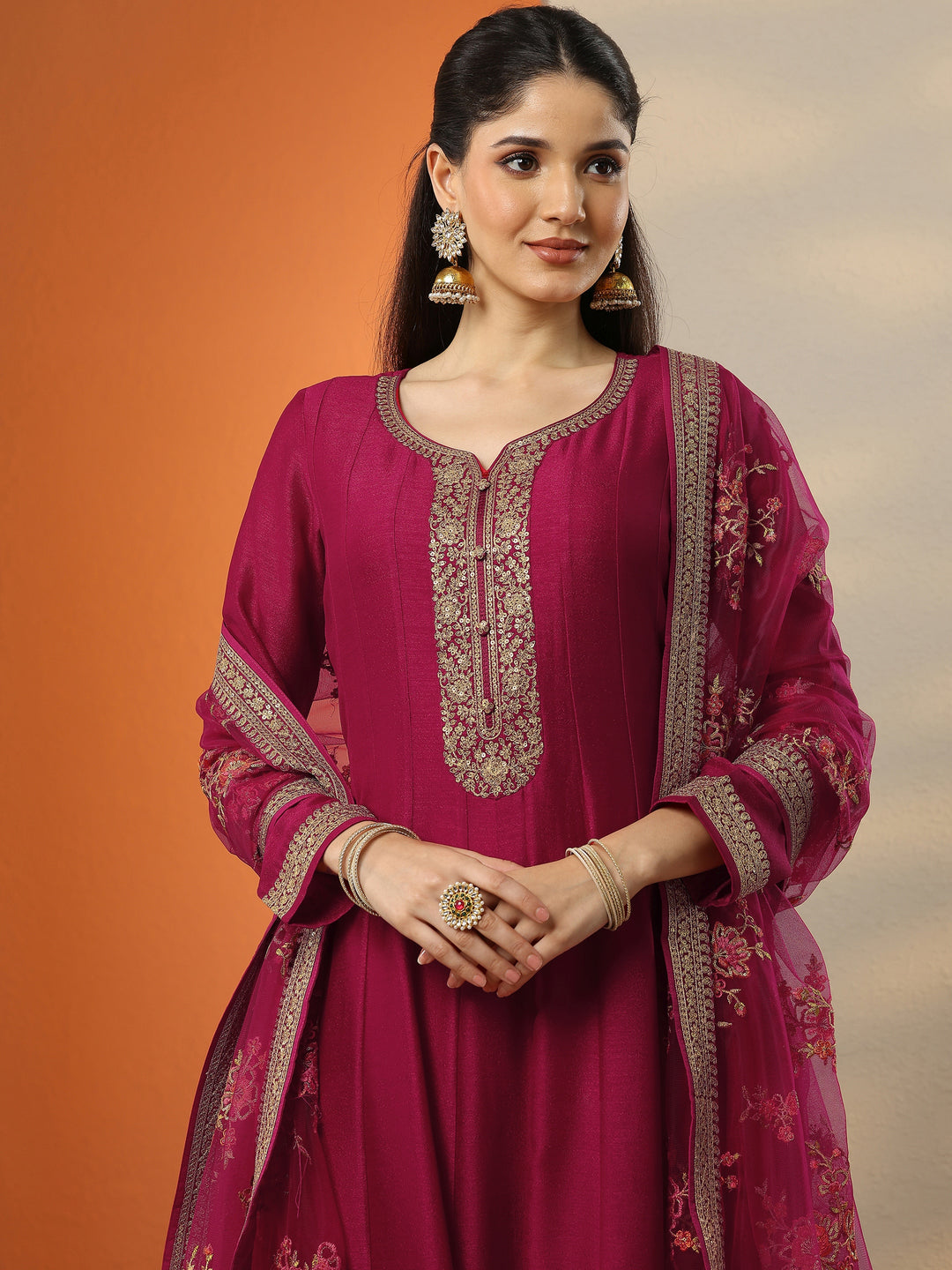  Libas Art Pink Embroidered Silk Blend Anarkali Suit Set With Dupatta 