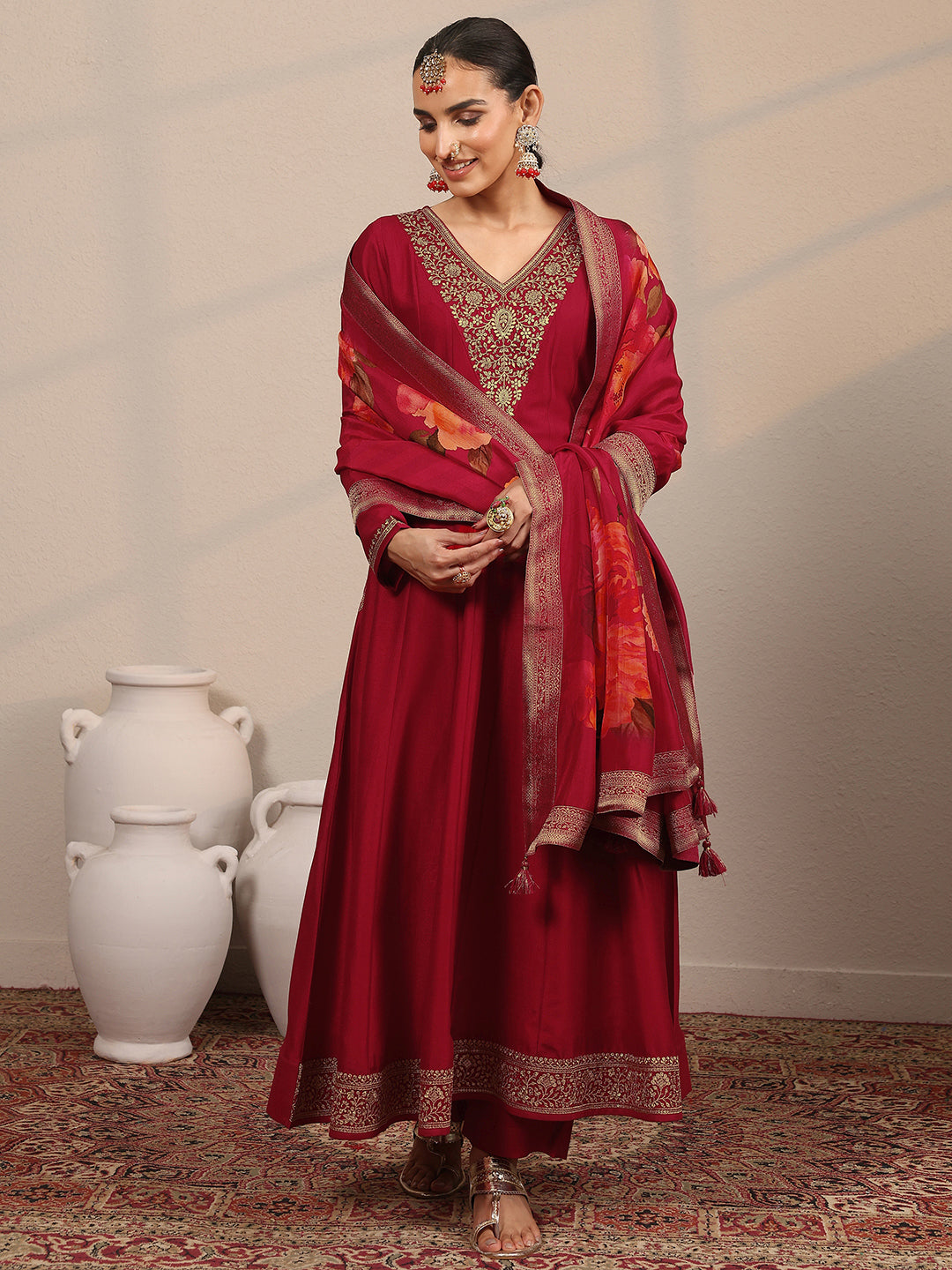  Libas Art Red Yoke Design Silk Blend Anarkali Suit Set With Dupatta 