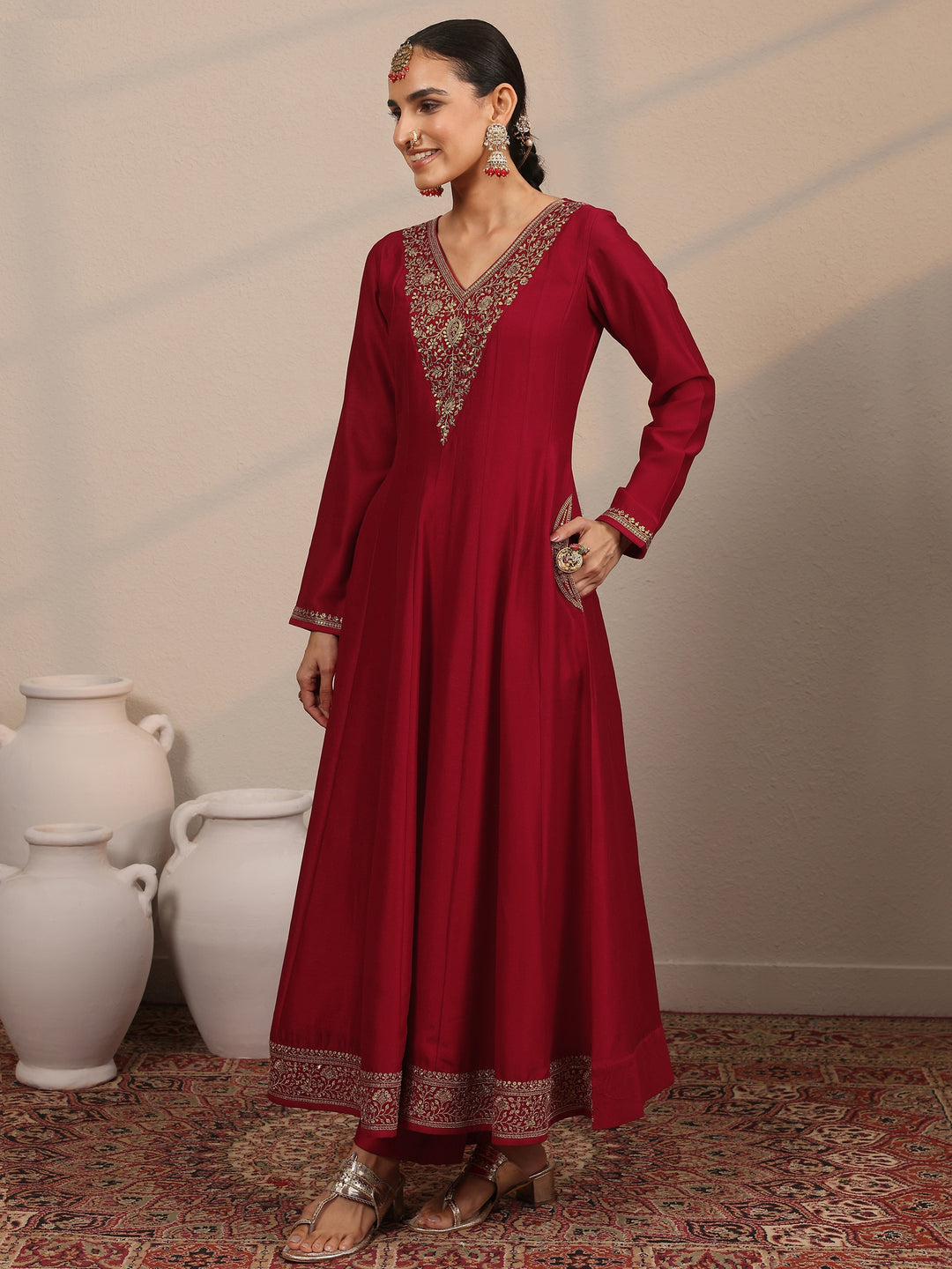  Libas Art Red Yoke Design Silk Blend Anarkali Suit Set With Dupatta 