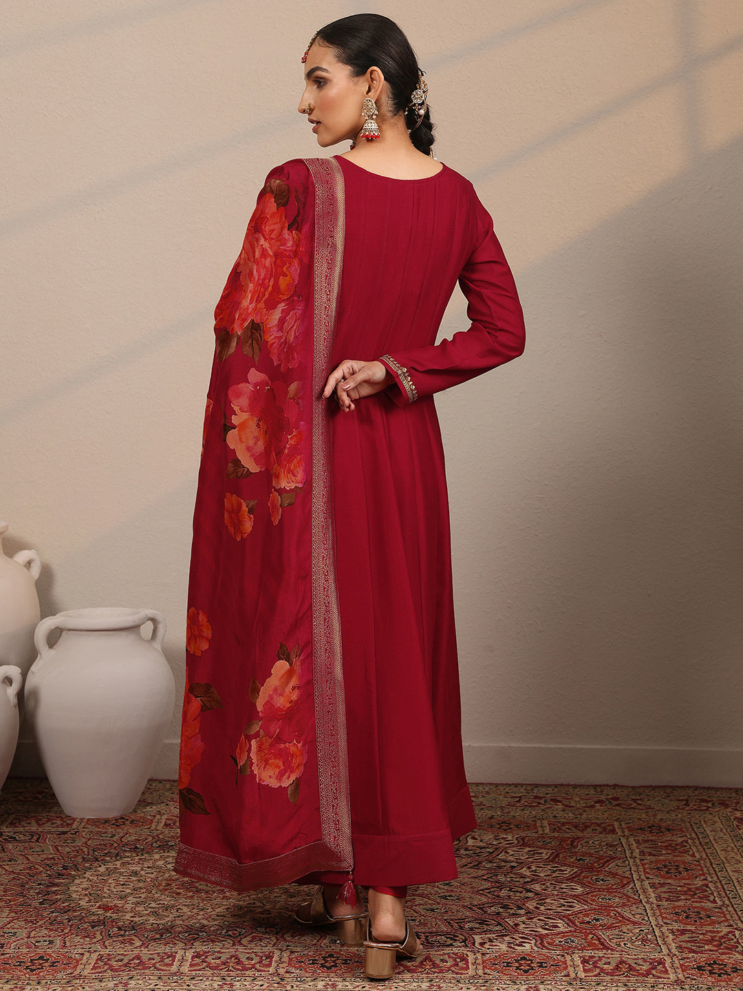  Libas Art Red Yoke Design Silk Blend Anarkali Suit Set With Dupatta 