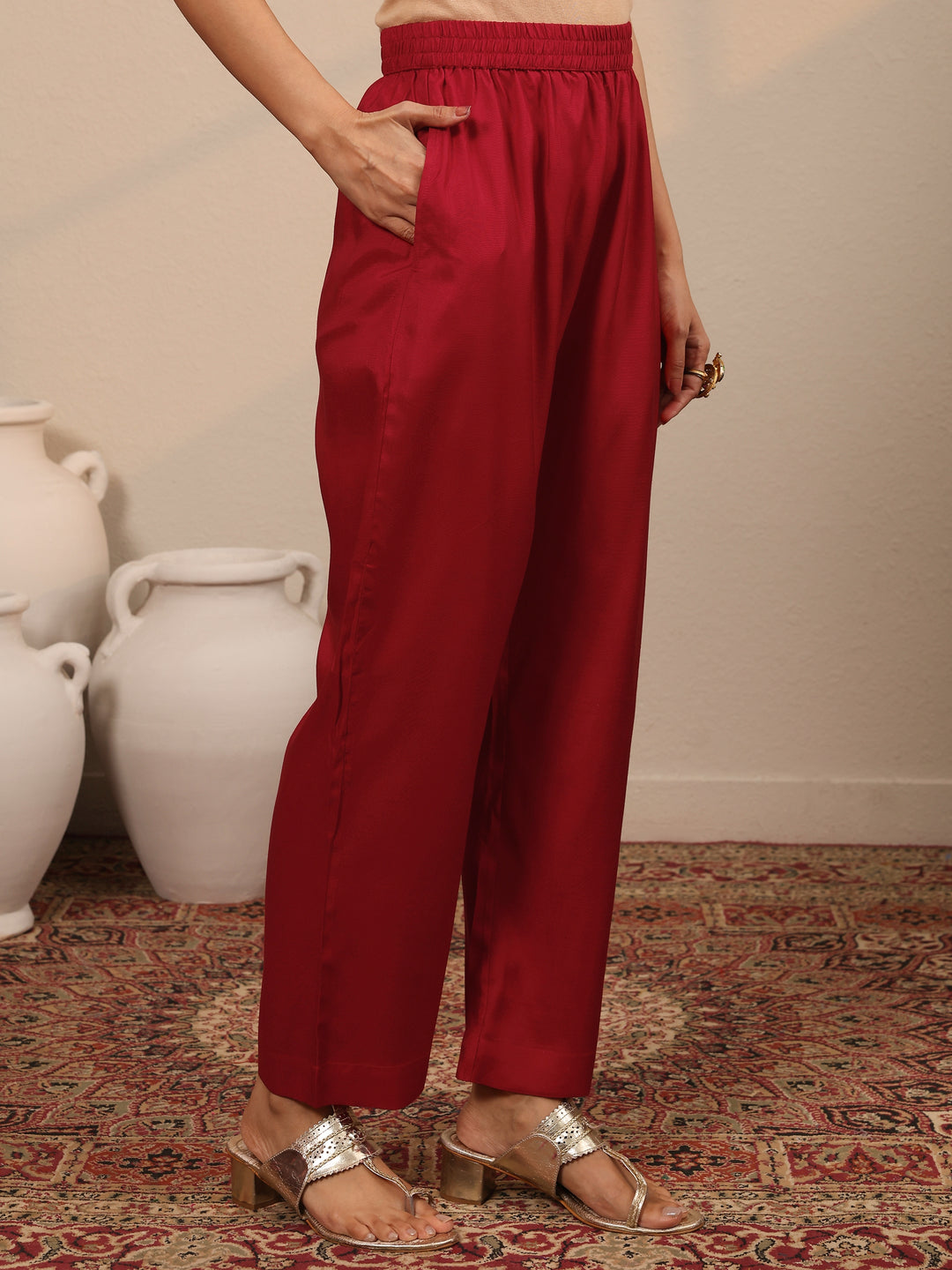  Libas Art Red Yoke Design Silk Blend Anarkali Suit Set With Dupatta 