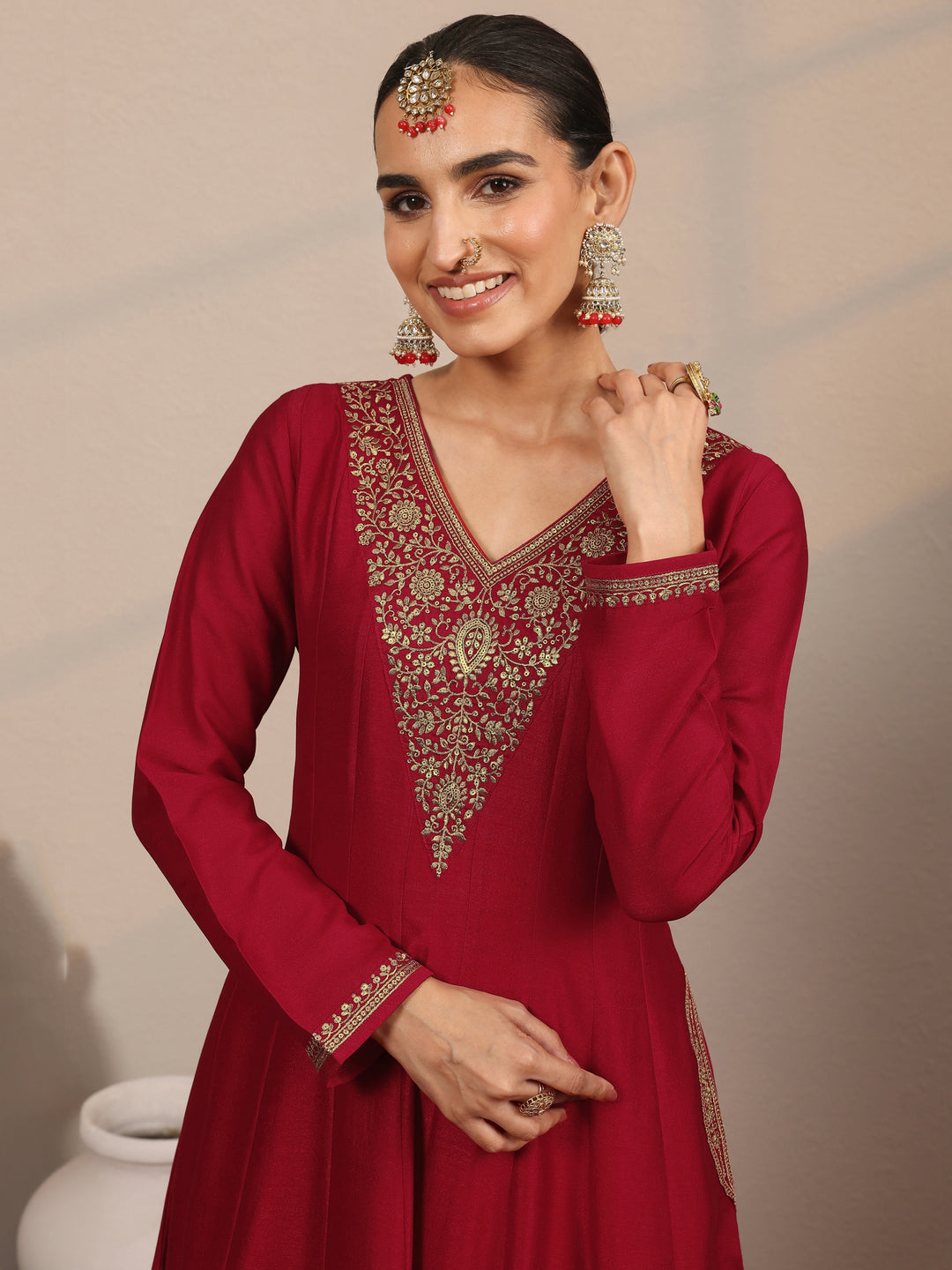  Libas Art Red Yoke Design Silk Blend Anarkali Suit Set With Dupatta 