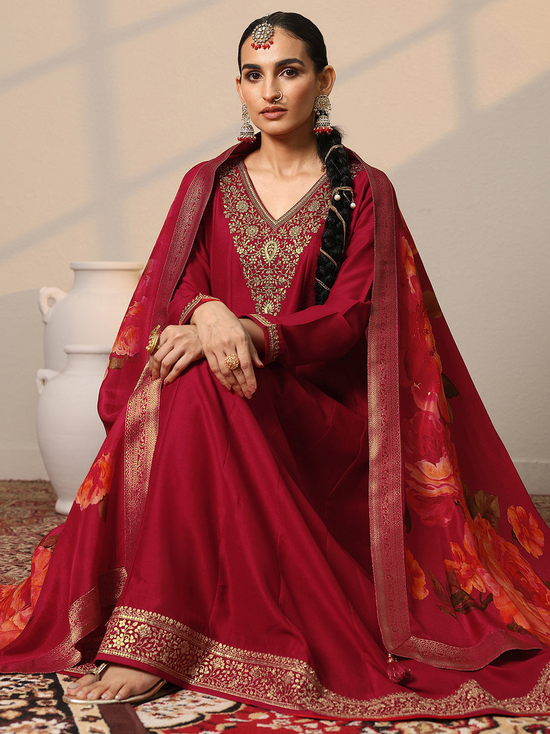 Libas Art Red Yoke Design Silk Blend Anarkali Suit Set With Dupatta