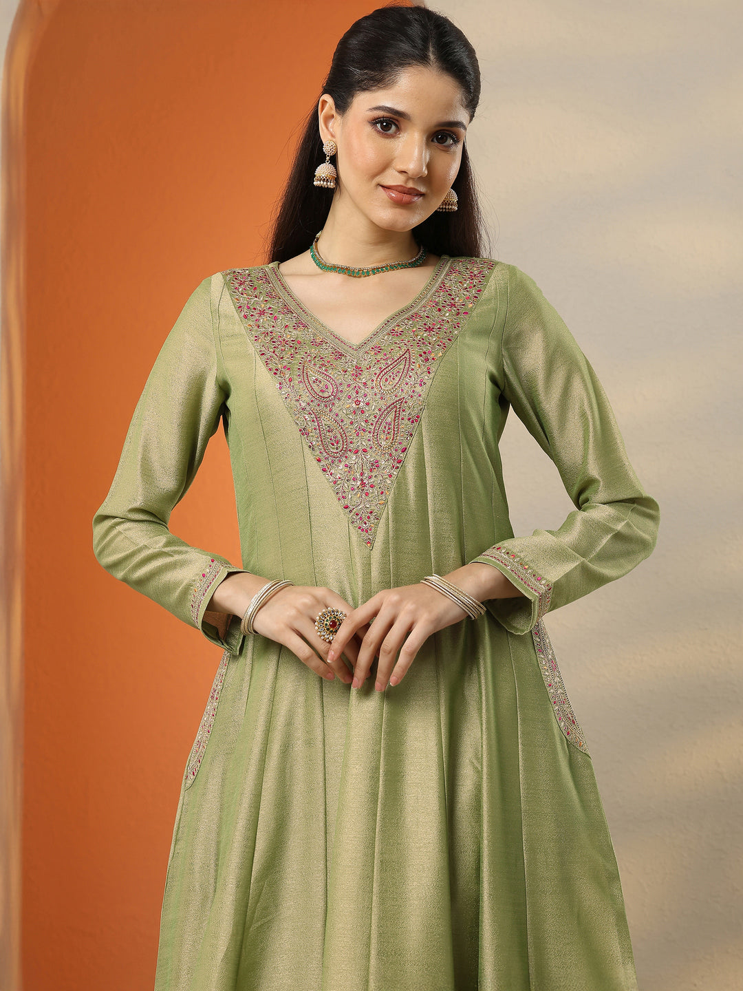  Libas Art Green Embroidered Silk Blend Anarkali Suit Set With Dupatta 
