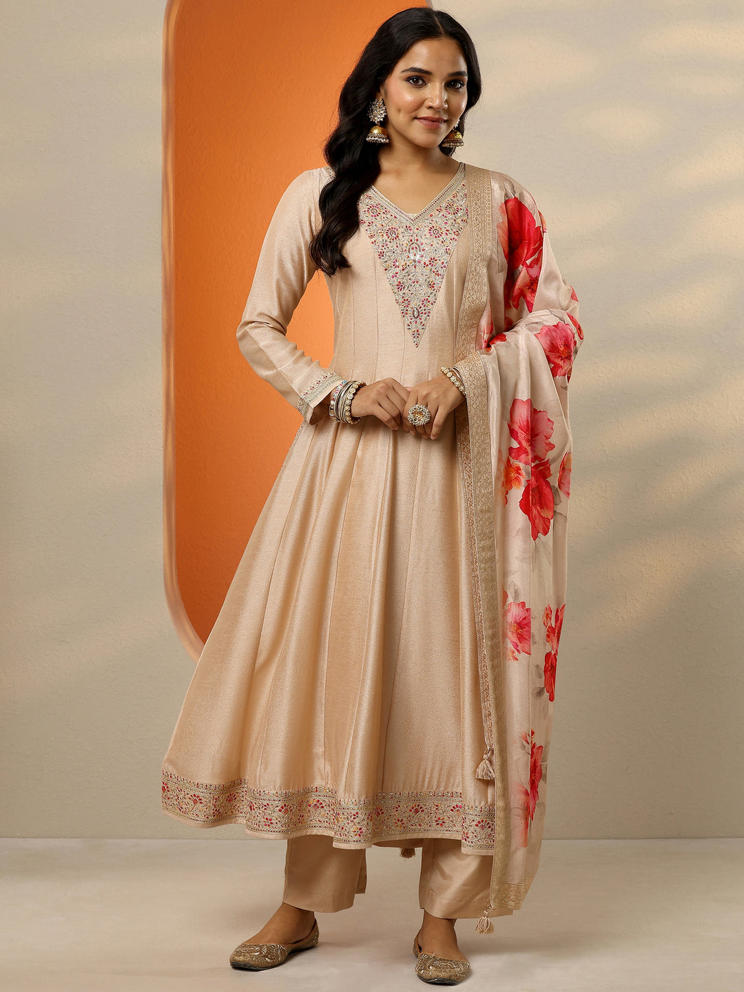  Libas Art Beige Embroidered Silk Blend Anarkali Suit Set With Dupatta 