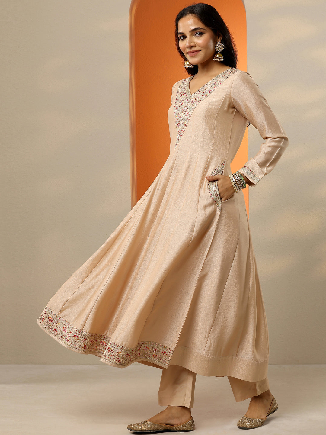  Libas Art Beige Embroidered Silk Blend Anarkali Suit Set With Dupatta 