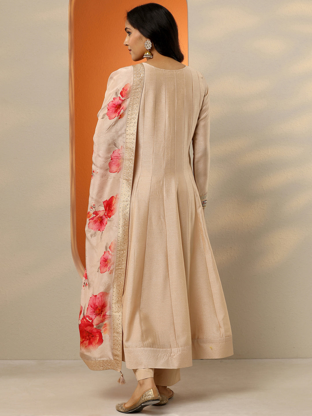  Libas Art Beige Embroidered Silk Blend Anarkali Suit Set With Dupatta 