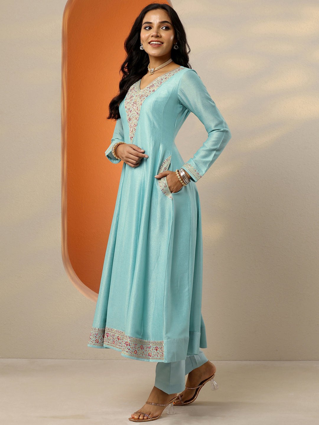  Libas Art Blue Embroidered Silk Blend Anarkali Suit Set With Dupatta 