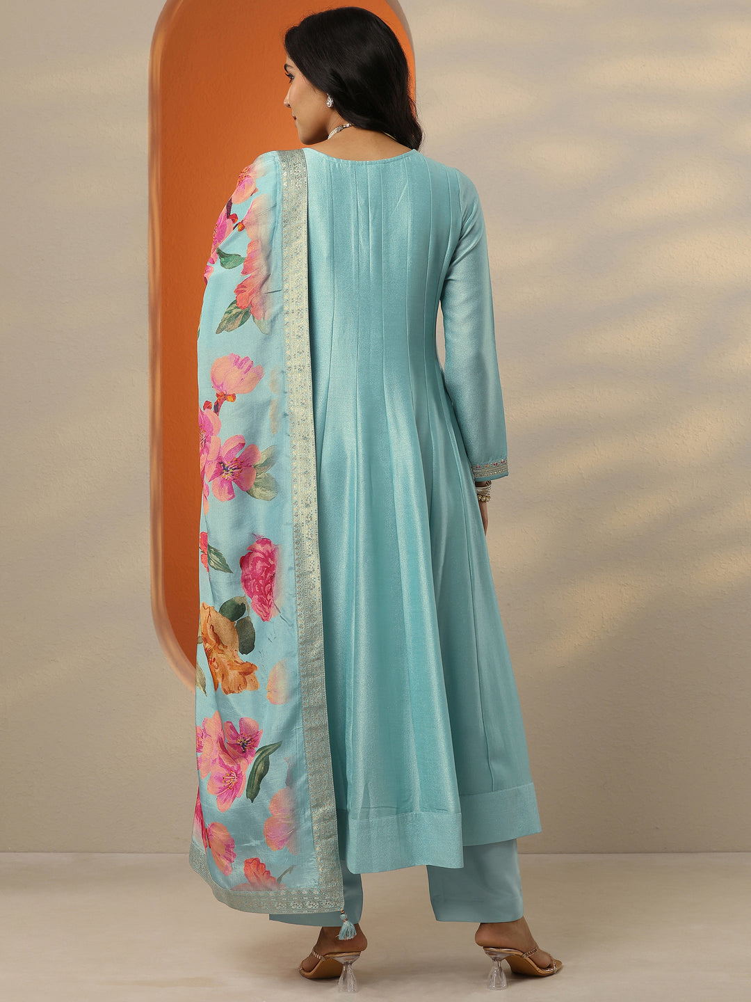  Libas Art Blue Embroidered Silk Blend Anarkali Suit Set With Dupatta 