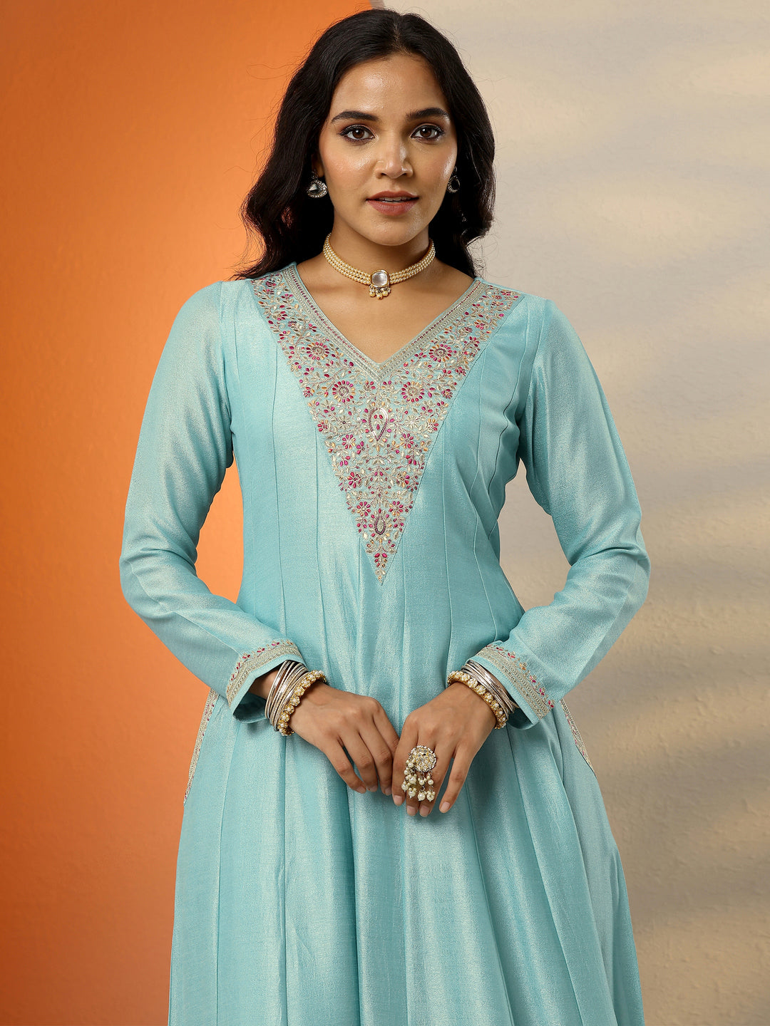  Libas Art Blue Embroidered Silk Blend Anarkali Suit Set With Dupatta 