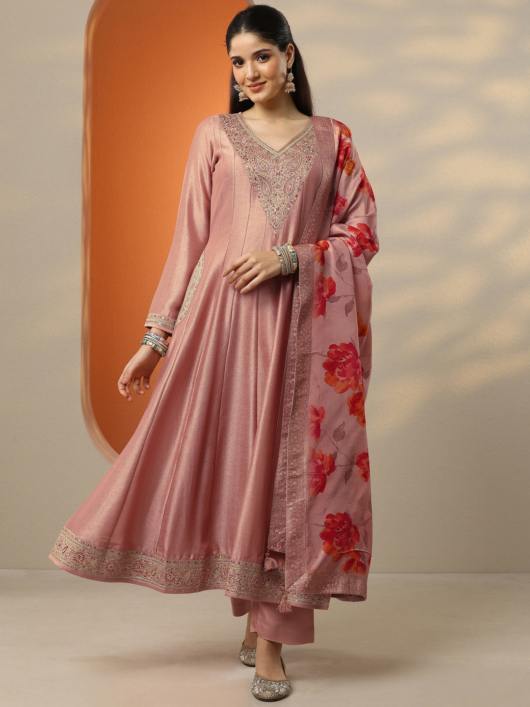  Peach Embroidered Silk Blend Anarkali Suit Set With Dupatta 