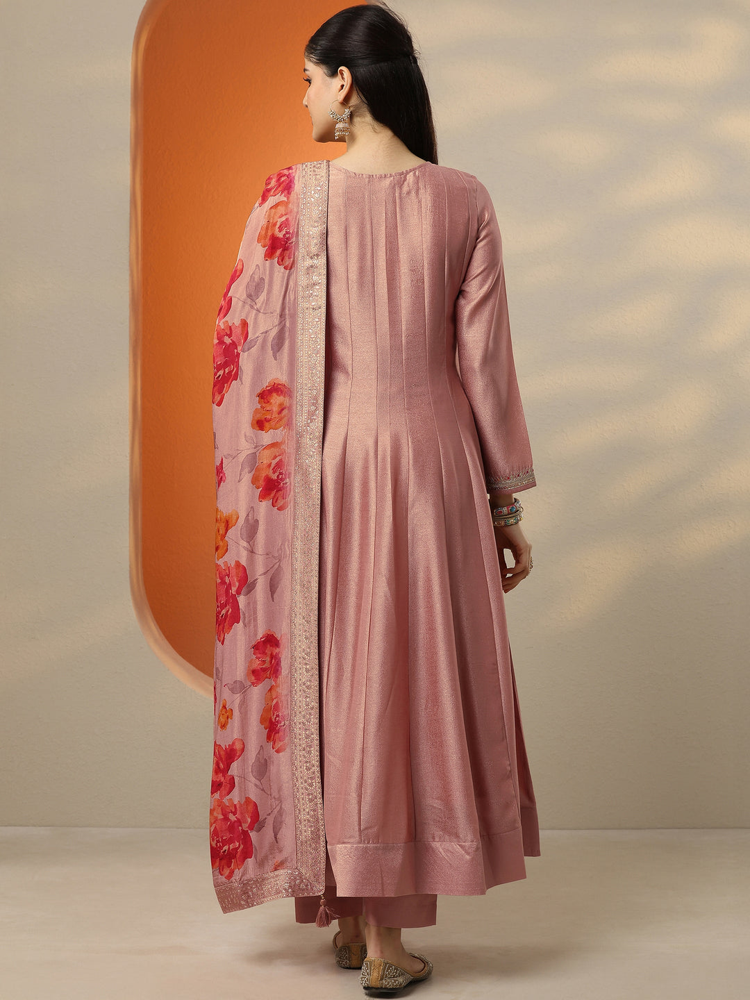  Peach Embroidered Silk Blend Anarkali Suit Set With Dupatta 