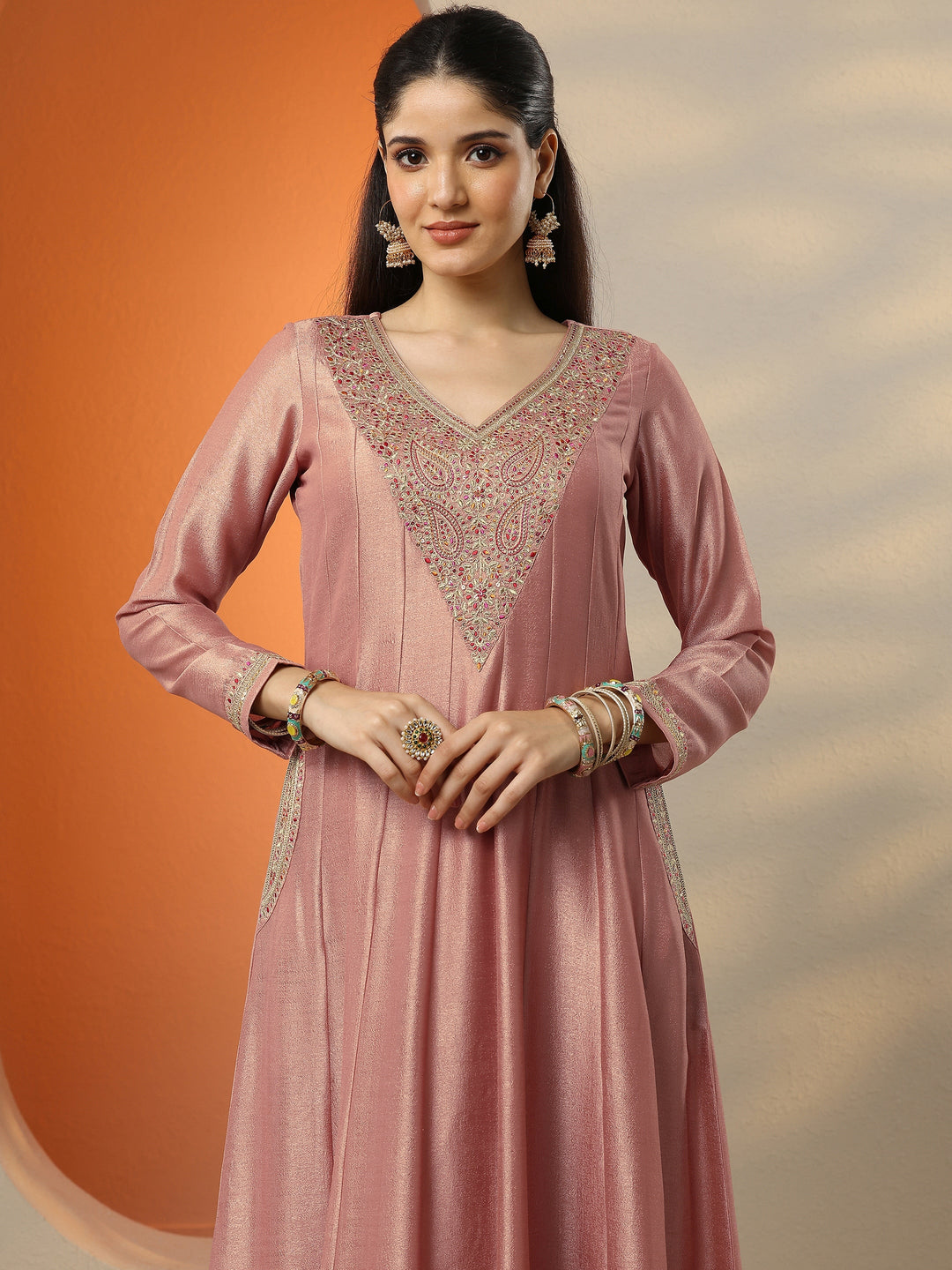  Peach Embroidered Silk Blend Anarkali Suit Set With Dupatta 