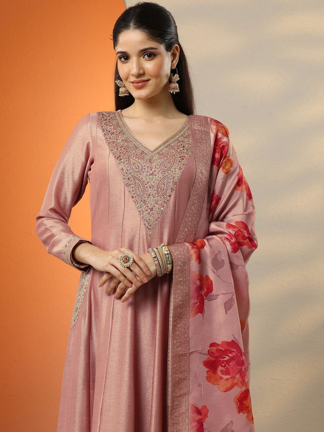  Peach Embroidered Silk Blend Anarkali Suit Set With Dupatta 