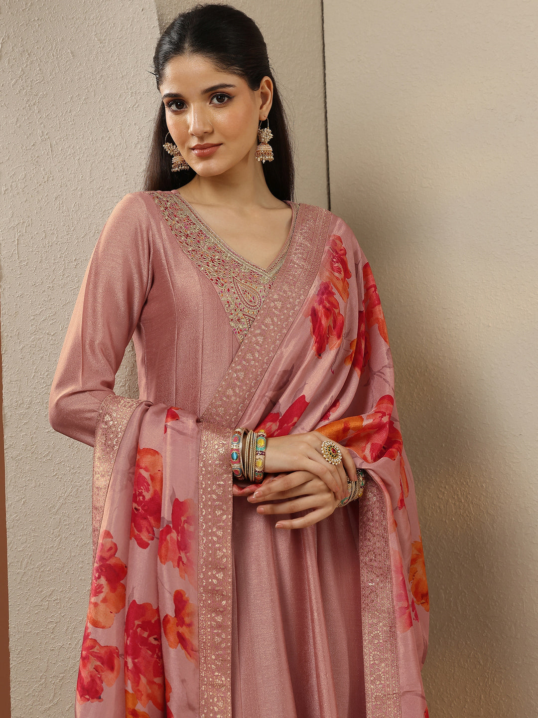 Peach Embroidered Silk Blend Anarkali Suit Set With Dupatta