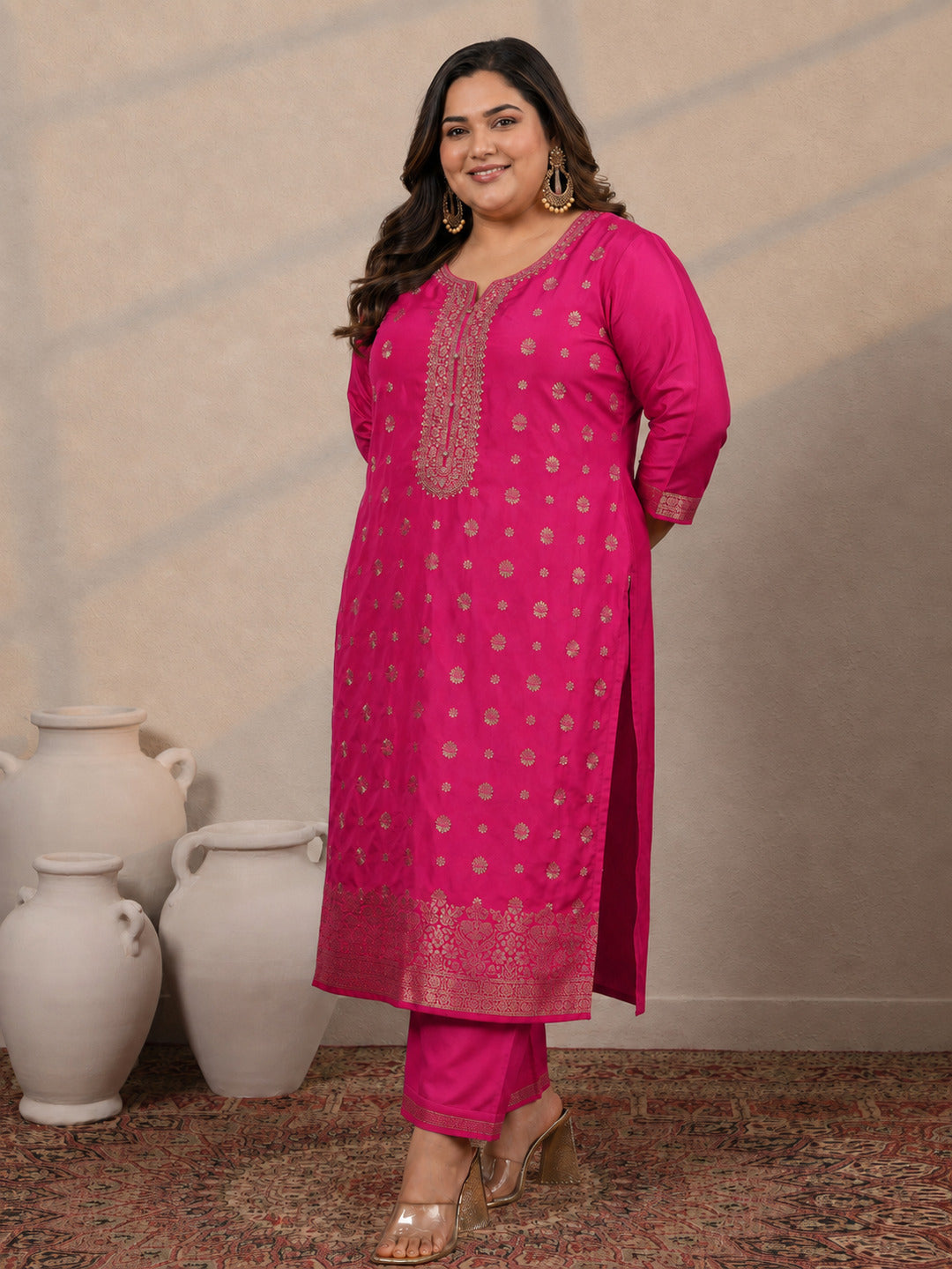  Plus Size Pink Woven Design Silk Blend Straight Suit Set With Dupatta 