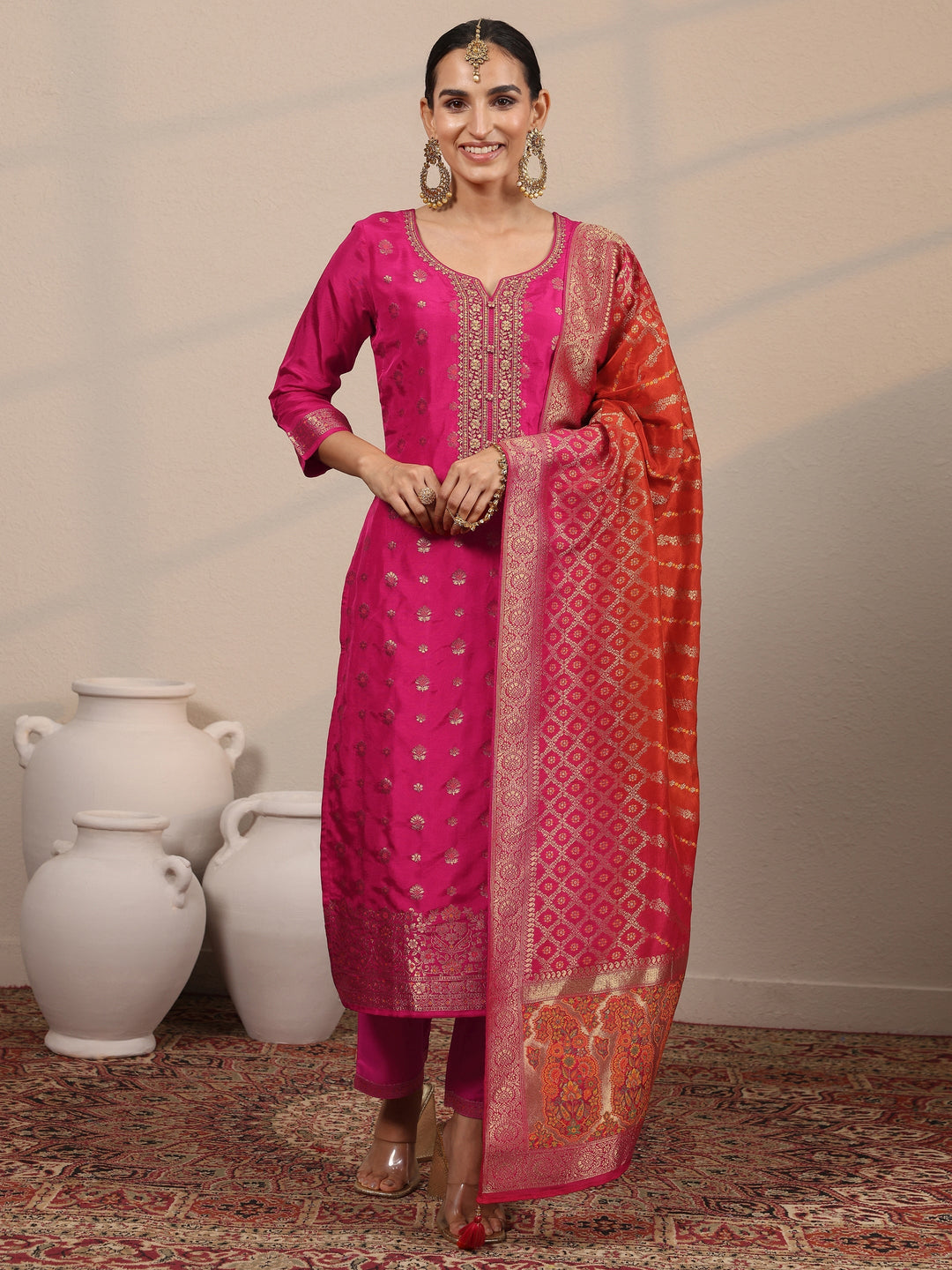  Pink Woven Design Silk Blend Straight Suit Set With Dupatta 