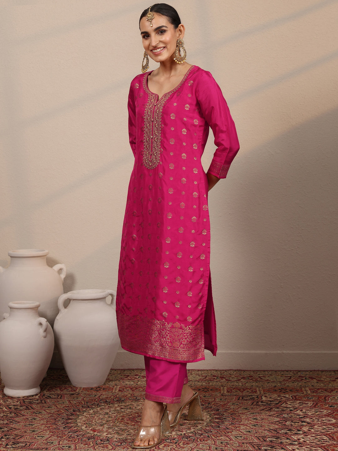  Pink Woven Design Silk Blend Straight Suit Set With Dupatta 