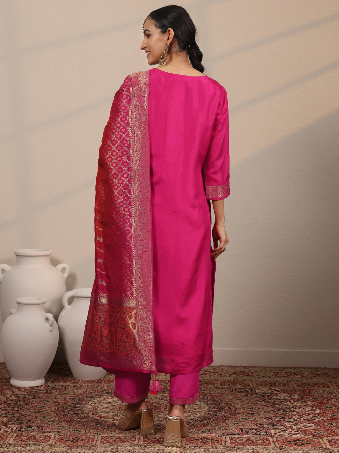  Pink Woven Design Silk Blend Straight Suit Set With Dupatta 