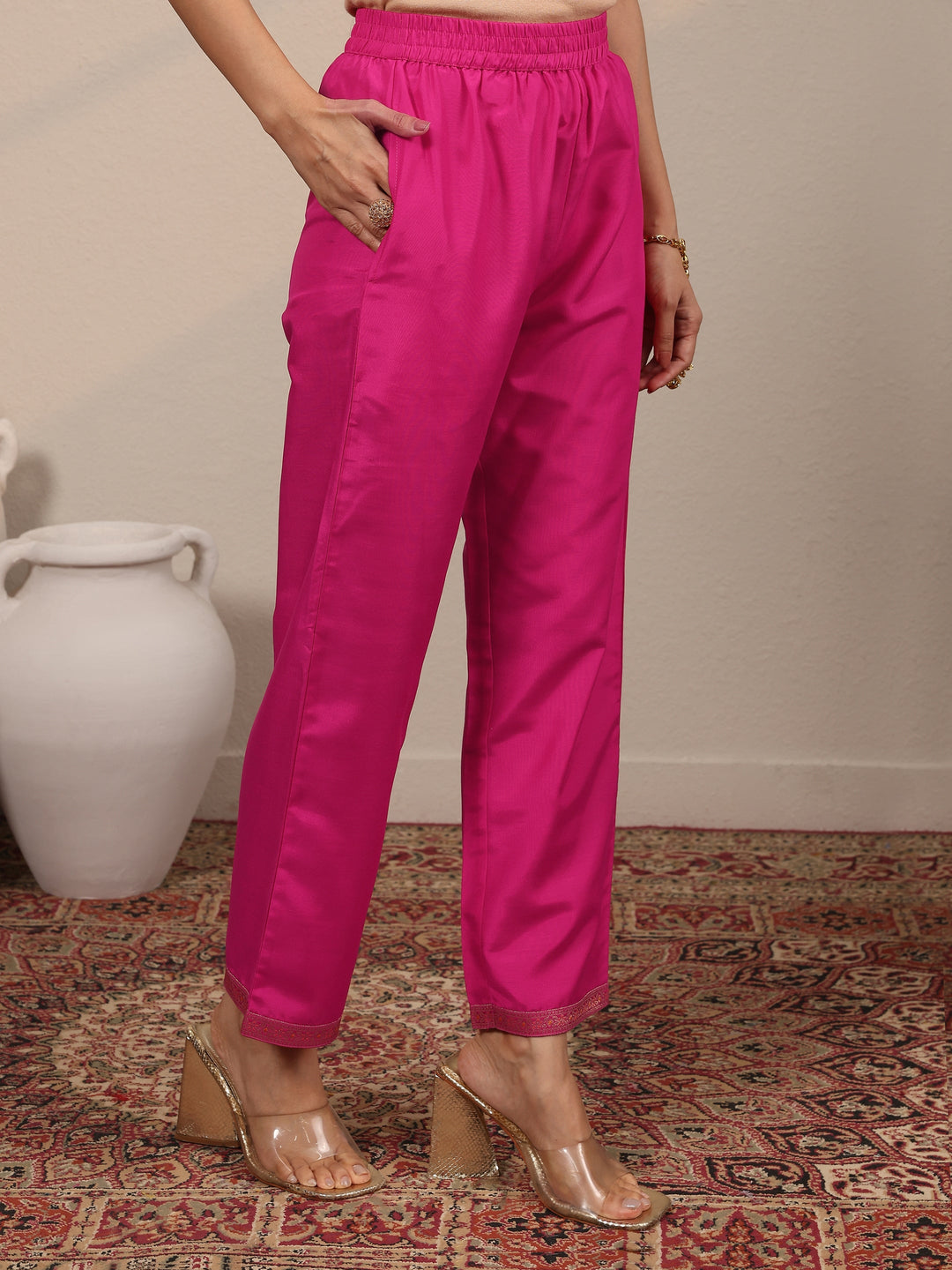  Libas Art Pink Woven Design Silk Blend Straight Suit Set With Dupatta 