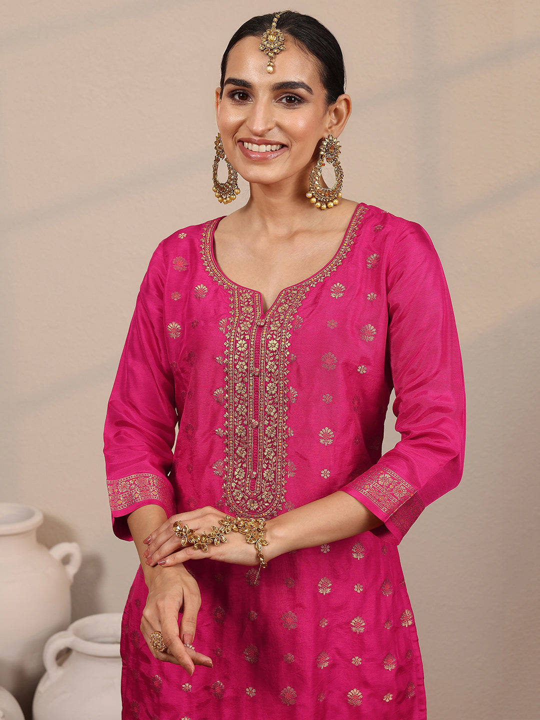  Pink Woven Design Silk Blend Straight Suit Set With Dupatta 