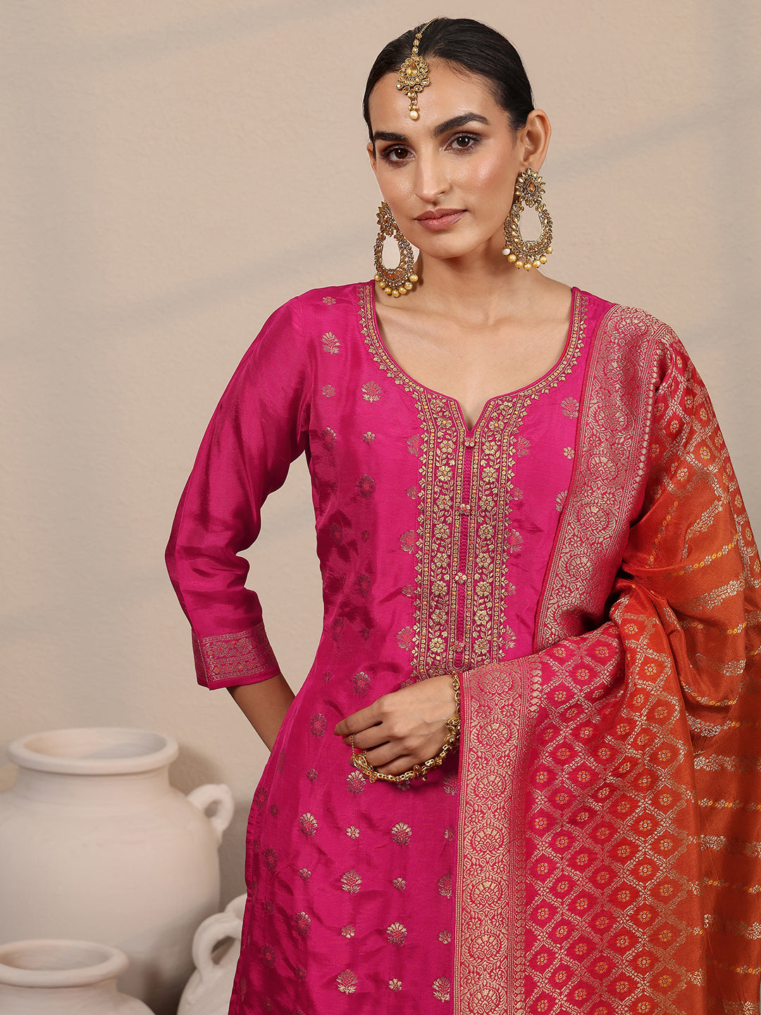  Pink Woven Design Silk Blend Straight Suit Set With Dupatta 