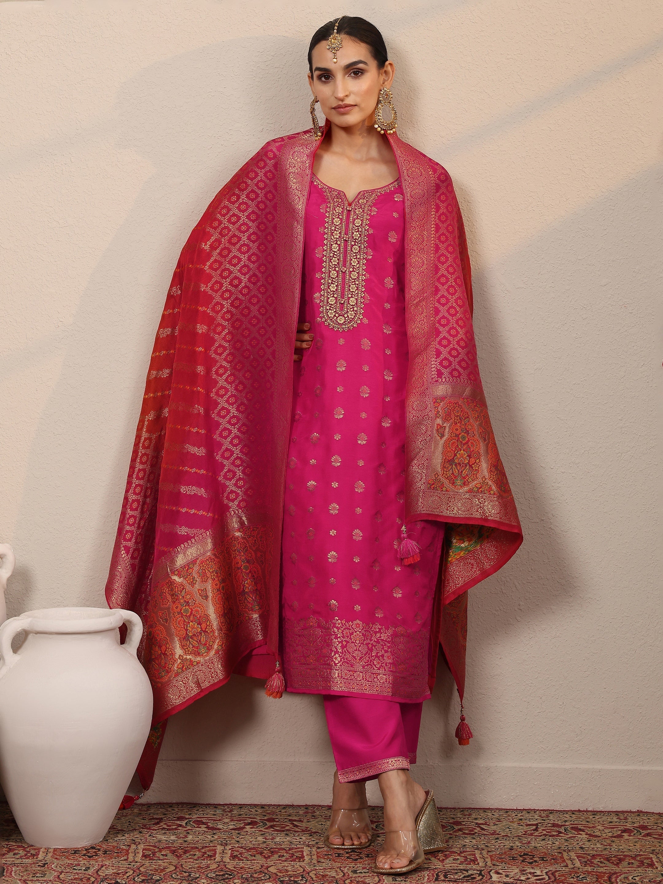 libas Pink Woven Design Silk Blend Straight Suit Set With Dupatta-picture-52