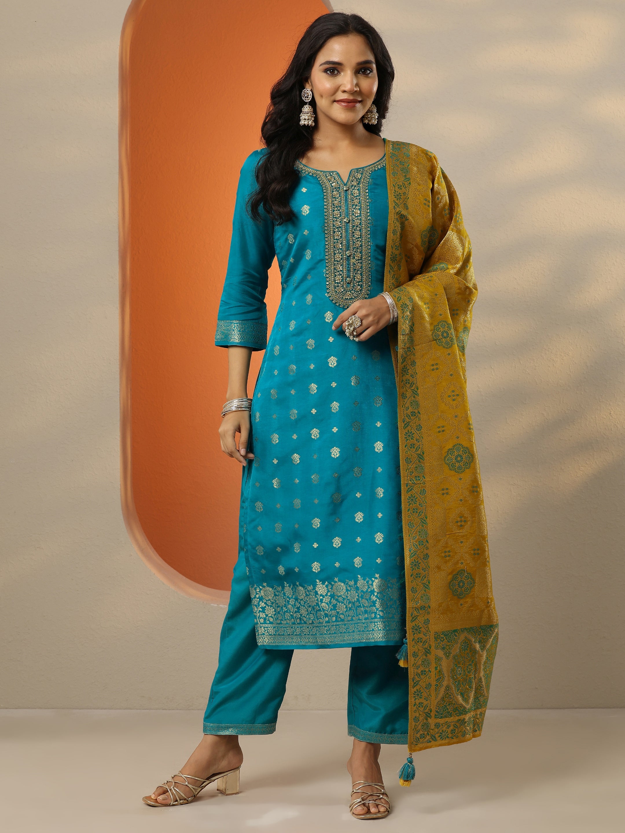 libas Blue Woven Design Silk Blend Straight Suit Set With Dupatta-picture-25